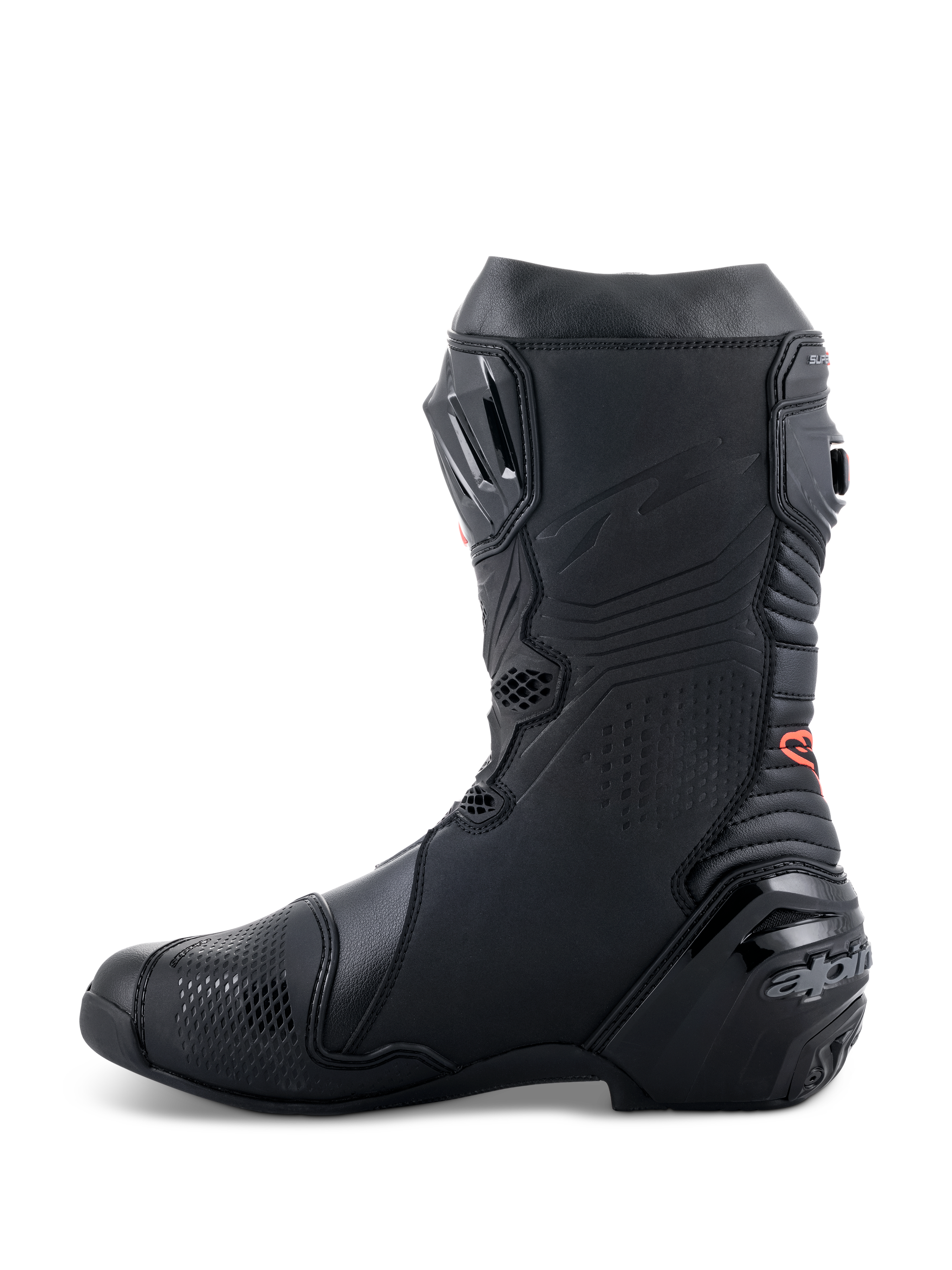 Botas Alpinestars Supertech R, botas de competición de alto rendimiento para motociclismo, diseño elegante totalmente negro con detalles del logotipo en rojo, perfil lateral con talón reforzado y paneles de protección de TPU