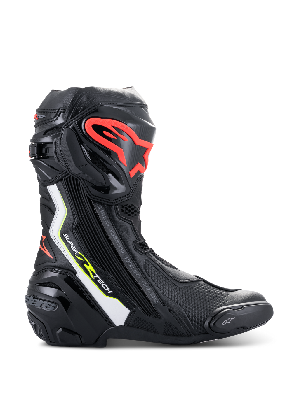Botas Alpinestars Supertech R, botas de motociclismo de alto rendimiento en color negro con detalles en blanco, rojo flúor y amarillo flúor, con espinillera protectora de TPU con logo rojo, deslizador de punta reemplazable y perfil aerodinámico estilizado.