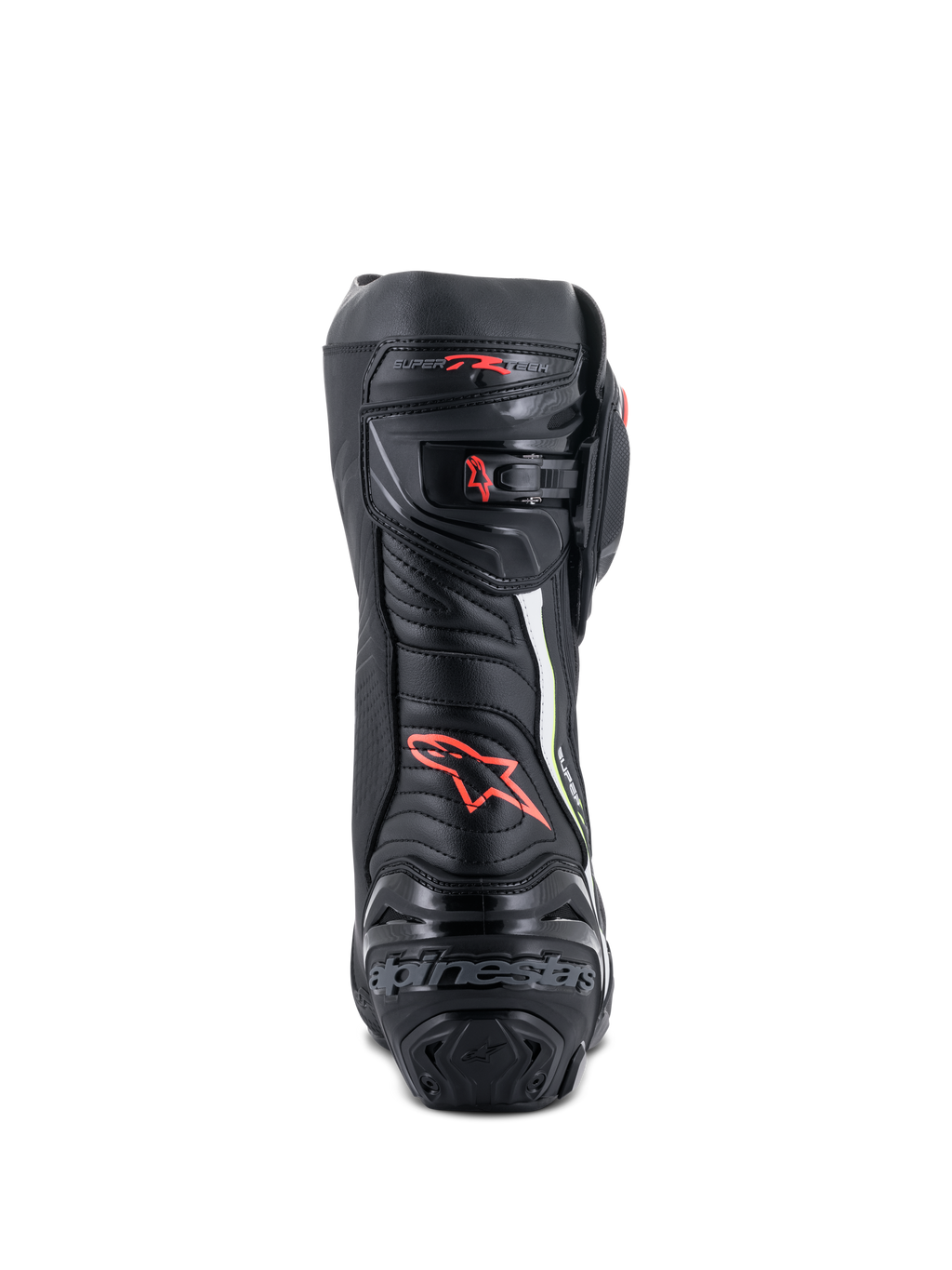 Botas Alpinestars Supertech R, botas de motociclismo de alto rendimiento para competición, vista trasera en color negro con detalles en rojo y amarillo flúor, con protección de talón en TPU, cierre de trinquete microajustable y logotipos distintivos de la marca.