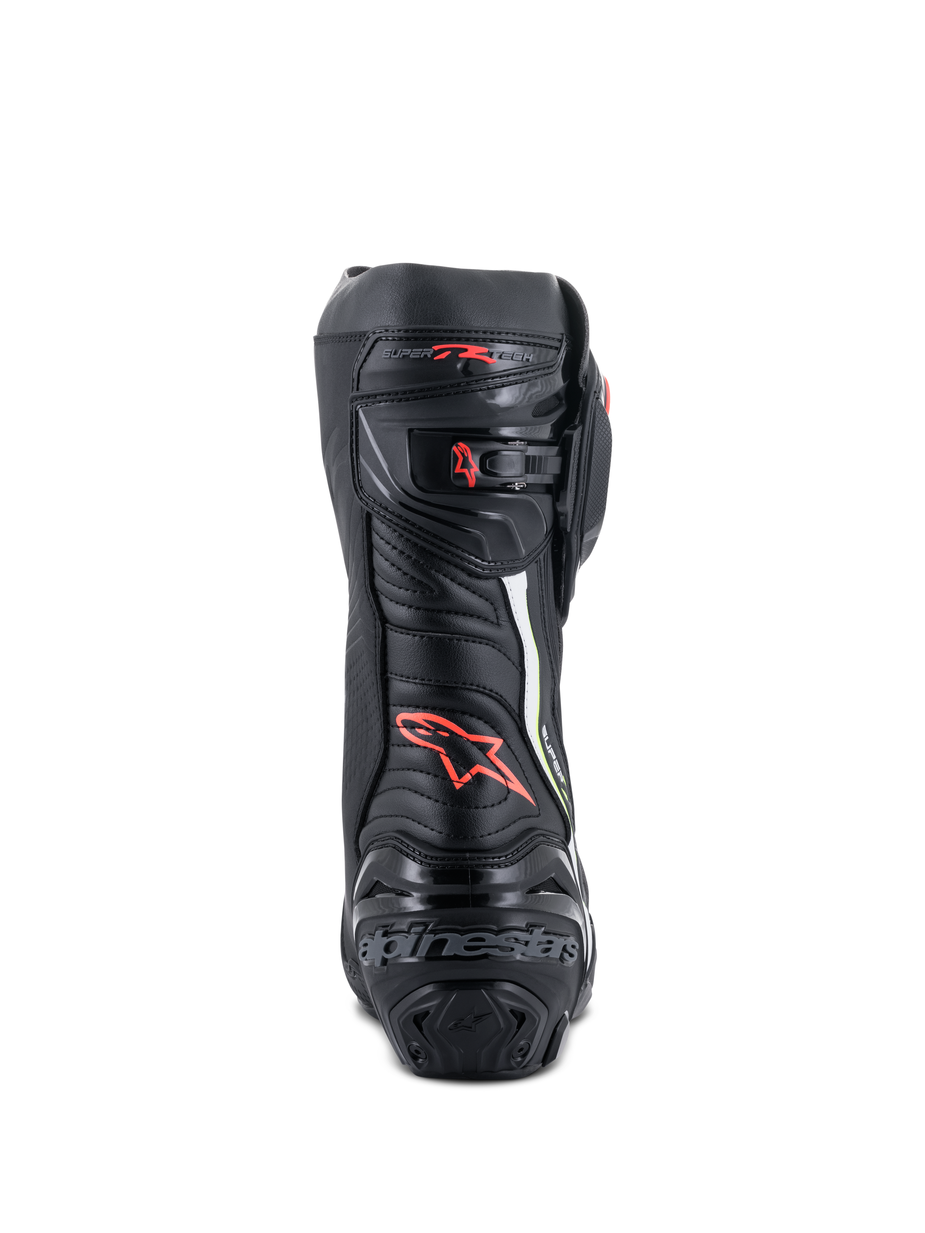 Botas Alpinestars Supertech R, botas de motociclismo de alto rendimiento para competición, vista trasera en color negro con detalles en rojo y amarillo flúor, con protección de talón en TPU, cierre de trinquete microajustable y logotipos distintivos de la marca.