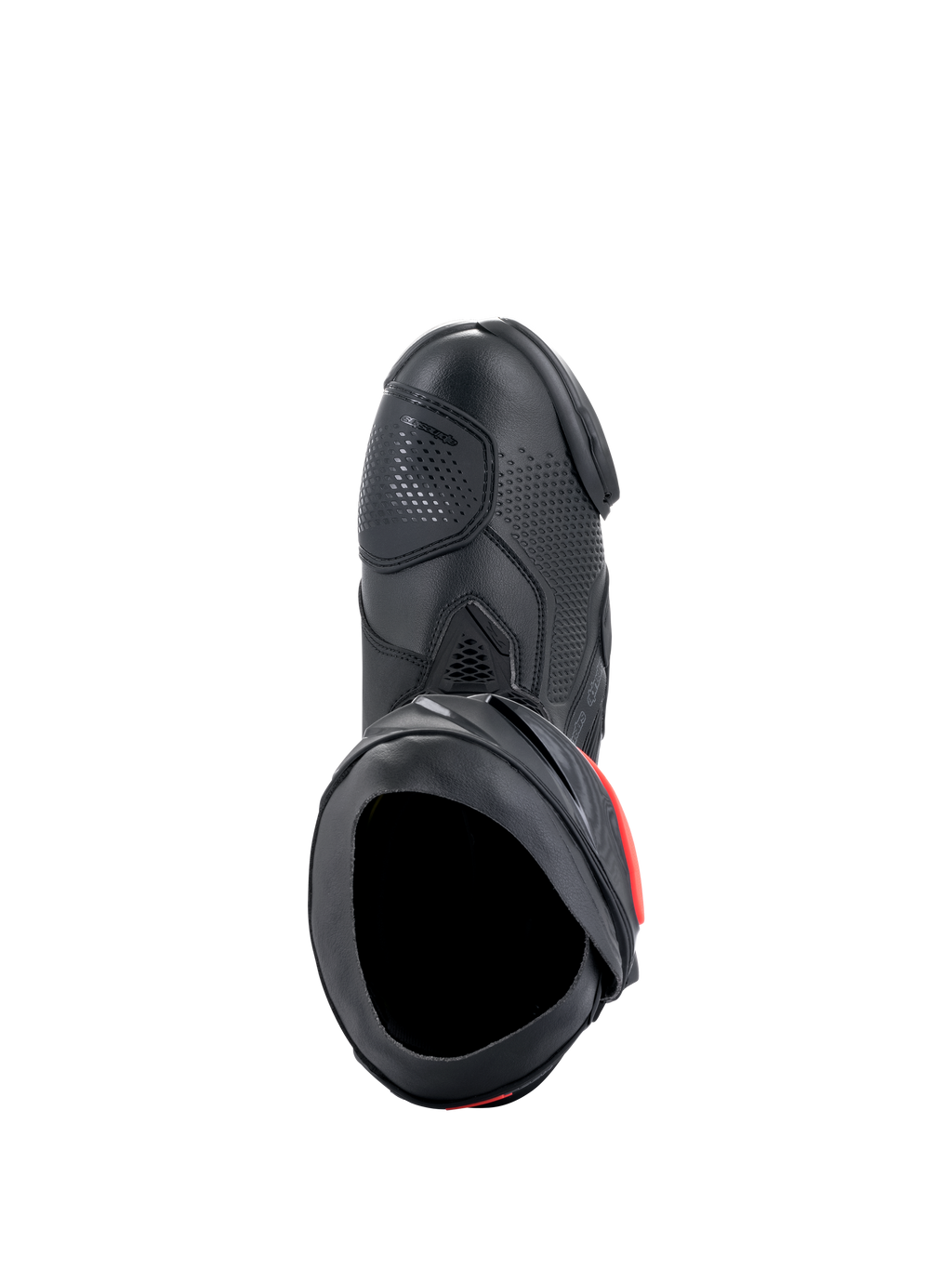 Botas Alpinestars Supertech R, botas de alto rendimiento para carreras de motos, negras con detalles rojos, vista desde arriba que muestra la parte superior de microfibra, textura perforada, zona de cambio de TPU y apertura de entrada segura.