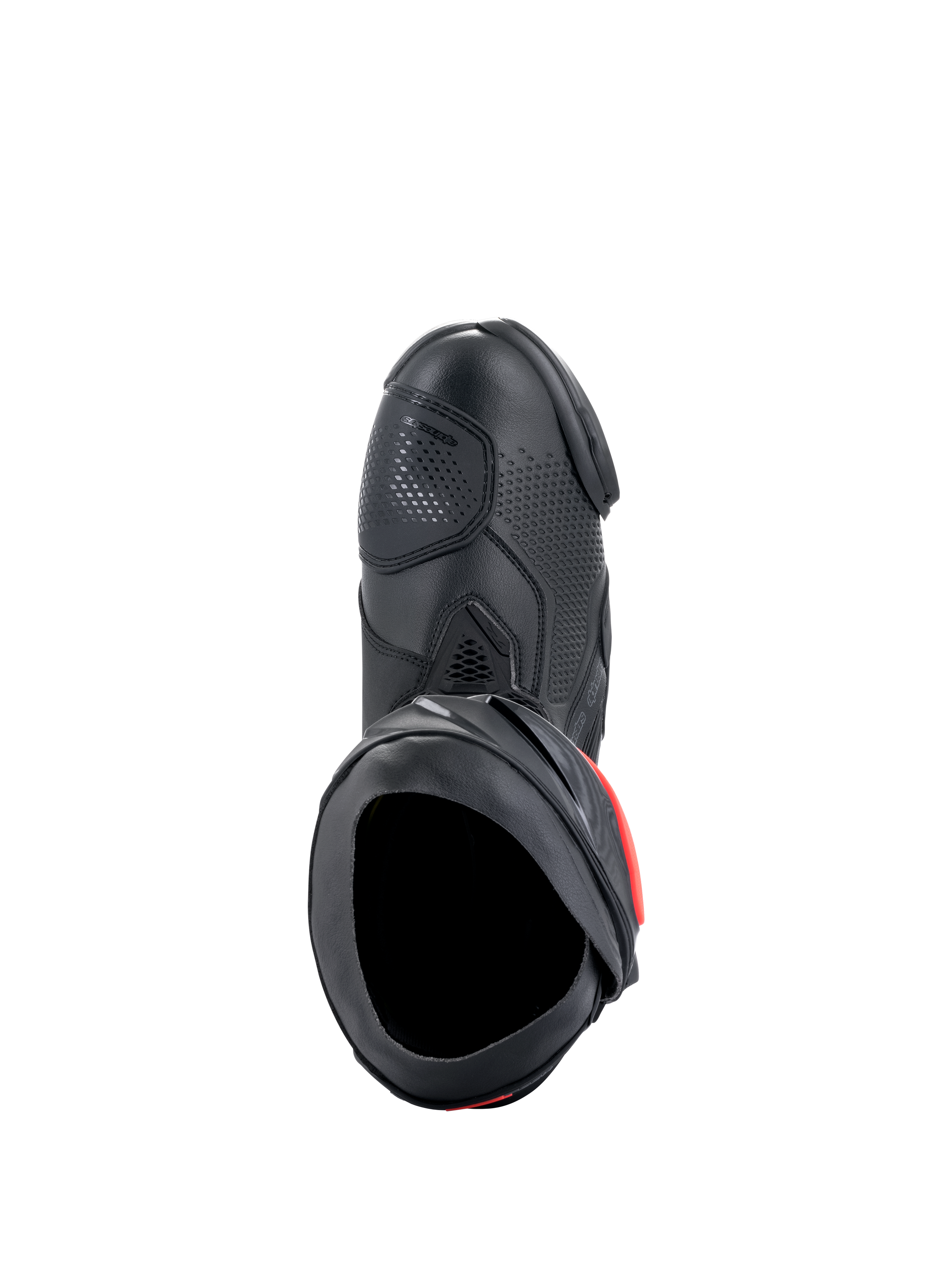 Botas Alpinestars Supertech R, botas de alto rendimiento para carreras de motos, negras con detalles rojos, vista desde arriba que muestra la parte superior de microfibra, textura perforada, zona de cambio de TPU y apertura de entrada segura.