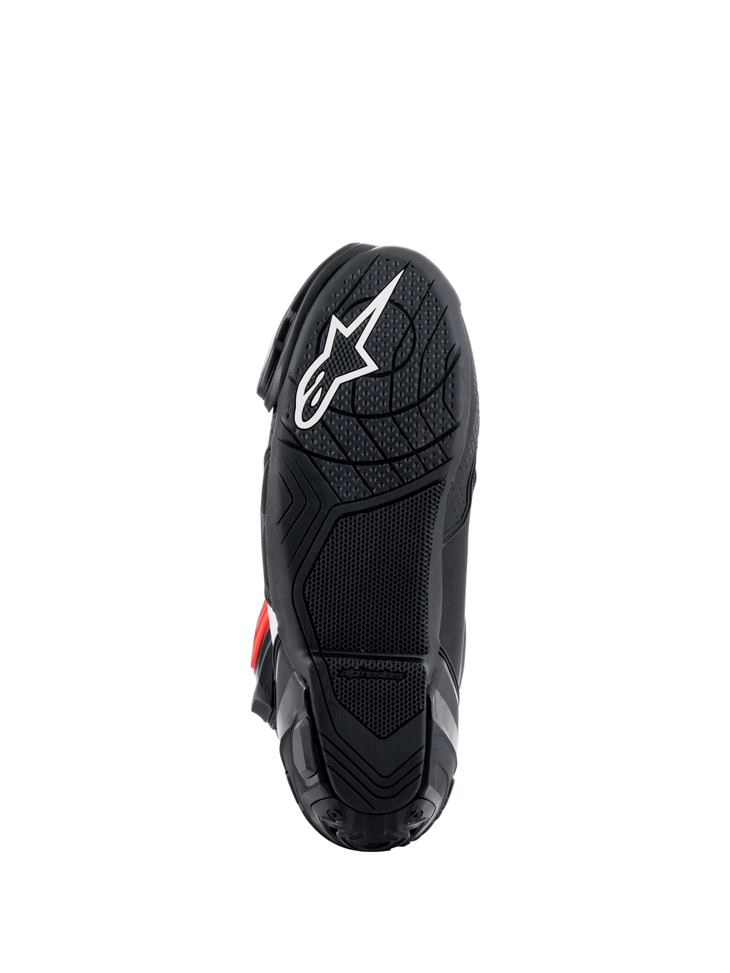 Botas Alpinestars Supertech R, vista de la suela inferior, compuesto de goma ligero negro con patrón de agarre texturizado, logotipo de la estrella de Alpinestars en blanco, calzado de alto rendimiento para carreras de motos