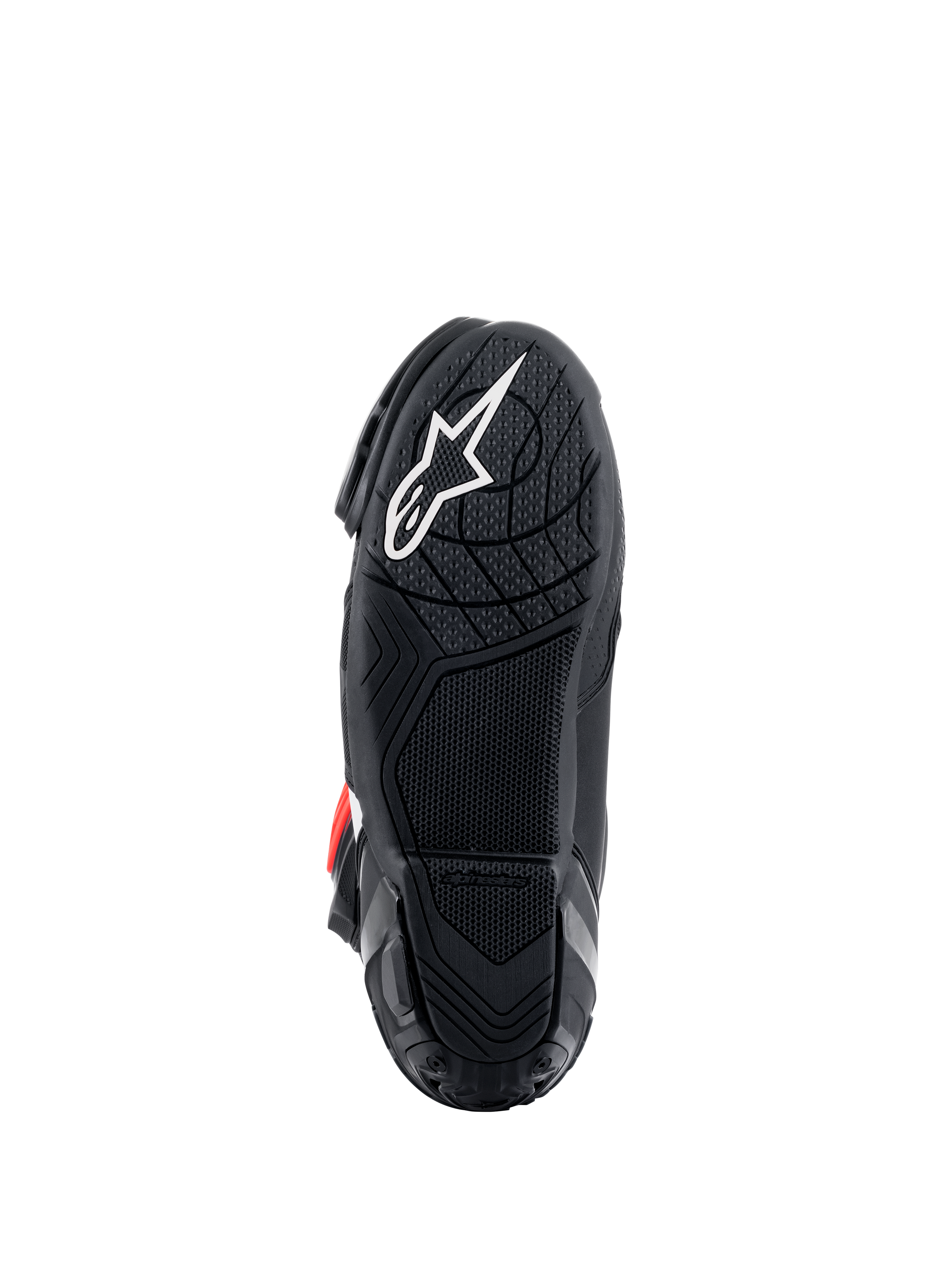 Botas Alpinestars Supertech R, vista de la suela inferior, compuesto de goma ligero negro con patrón de agarre texturizado, logotipo de la estrella de Alpinestars en blanco, calzado de alto rendimiento para carreras de motos