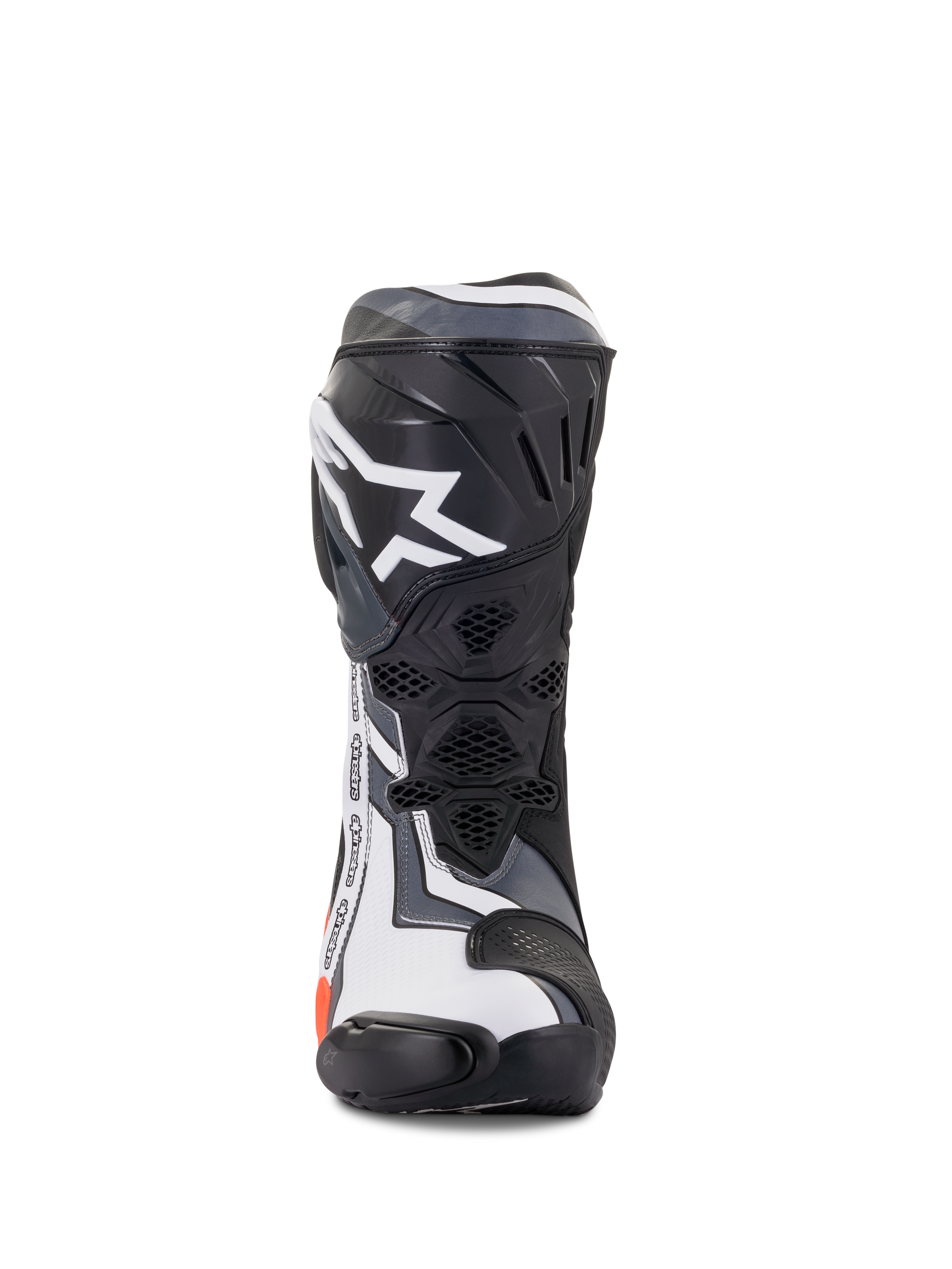 Alpinestars Supertech R Boots, Motorcycle Racing Boots, Black Red Fluo White and Gray, front view featuring a prominent white star logo on the TPU shin plate, technical design with ventilated mesh panels and protective sliders.