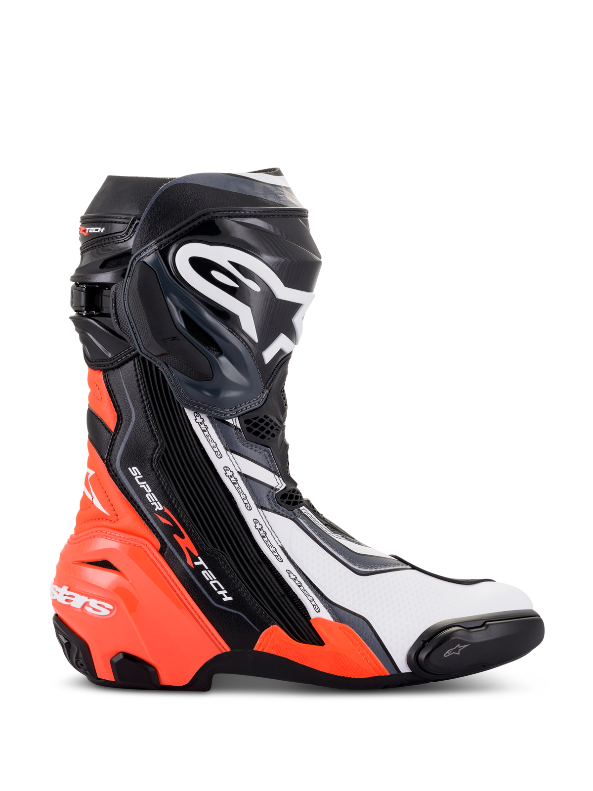 Botas Alpinestars Supertech R, calzado de motociclismo de carreras de alto rendimiento, negro, rojo flúor, blanco y gris, vista de perfil que muestra la placa de espinilla de TPU y el deslizador de punta, diseño aerodinámico con logotipos distintivos para uso en pista y carretera.