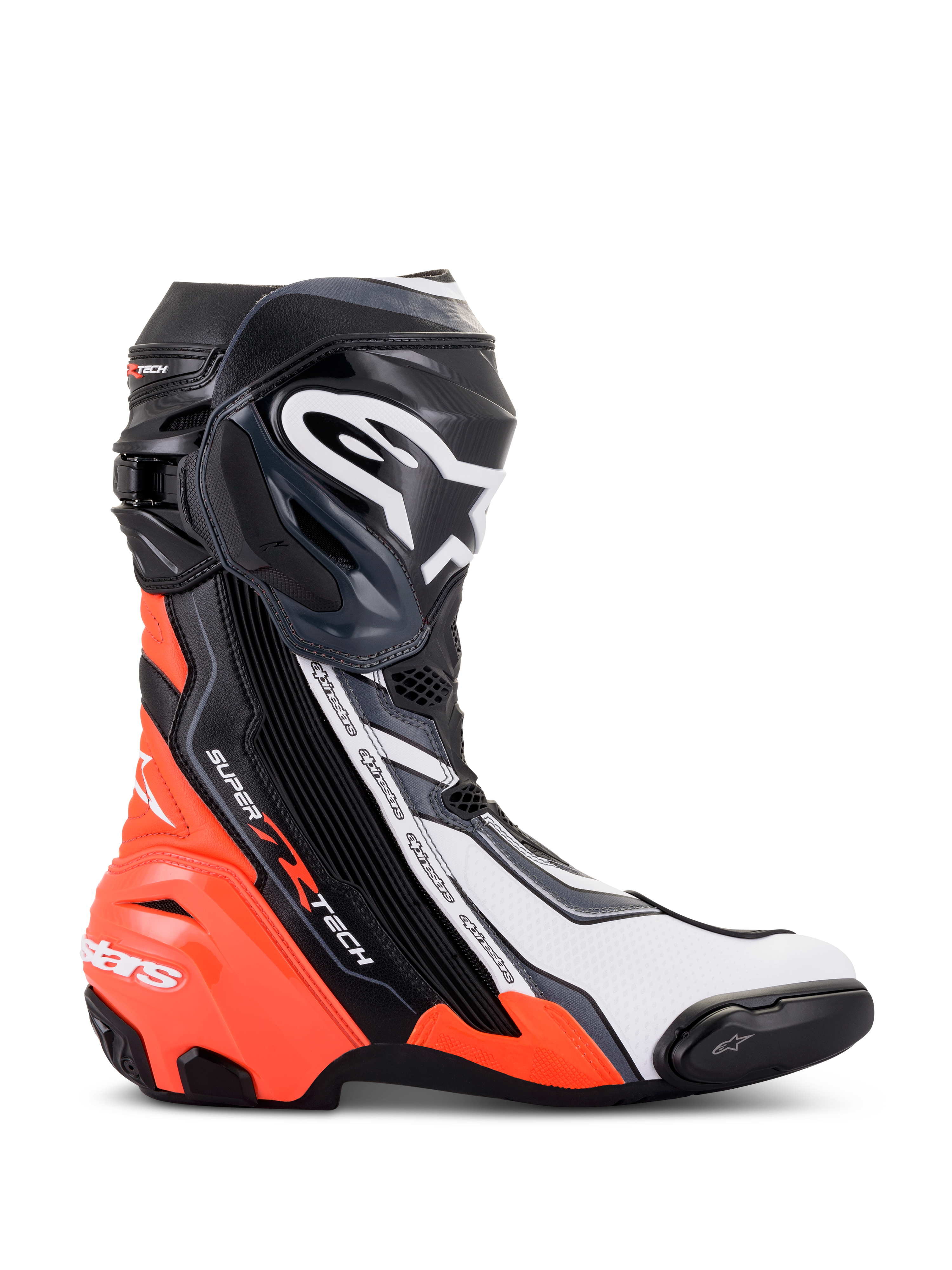 Botas Alpinestars Supertech R, calzado de motociclismo de carreras de alto rendimiento, negro, rojo flúor, blanco y gris, vista de perfil que muestra la placa de espinilla de TPU y el deslizador de punta, diseño aerodinámico con logotipos distintivos para uso en pista y carretera.