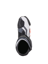 Alpinestars Supertech R Boots, Motorcycle Racing Boots, Black Red Fluo White and Gray, top-down view looking into the boot opening, featuring a white toe section with black shifter pad and protective panels.
