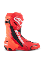 Alpinestars Supertech R Boots, Motorcycle Racing Boots, Bright Red and Red Fluo, high-performance track design featuring TPU shin plate, replaceable toe slider, and white Alpinestars logo, side profile view