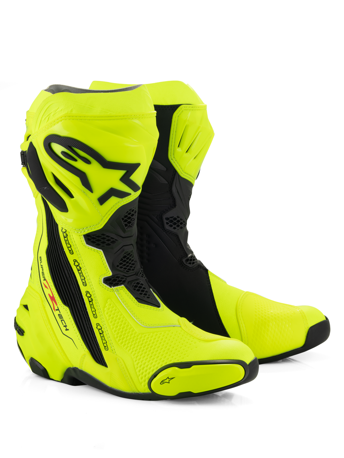 Botas Alpinestars Supertech R, botas de competición para moto, amarillo flúor y negro, con una placa protectora en la espinilla con el logotipo de Alpinestars, paneles de acordeón flexibles y deslizadores de dedos reforzados sobre un fondo blanco