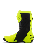 Alpinestars Supertech R Boots, Motorcycle Racing Boots, Yellow Fluo and Black, side profile featuring reinforced shin and heel protection, sleek ergonomic design with perforated panels and branding on the heel.