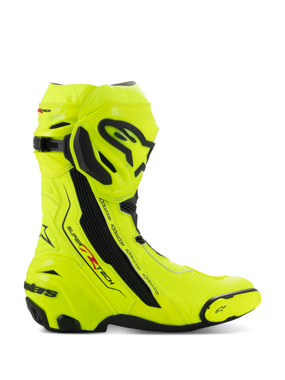 Botas Alpinestars Supertech R, botas de competición para moto, amarillo flúor y negro, vista lateral con amarillo fluorescente de alta visibilidad y placas protectoras negras, marca Alpinestars en la espinilla y el talón, perfil aerodinámico estilizado para conducción de alto rendimiento