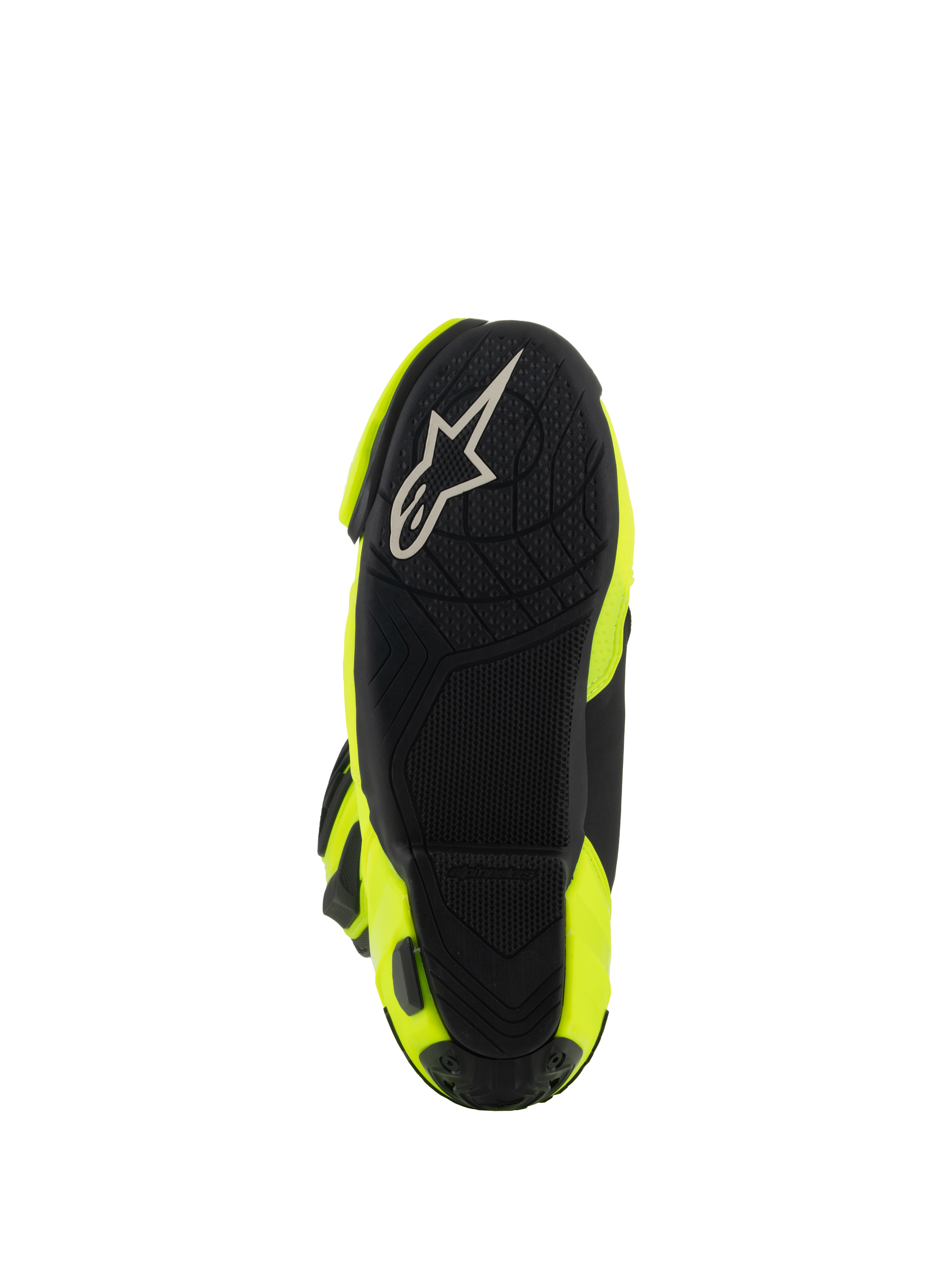 Alpinestars Supertech R Boots, Motorcycle Racing Boots, Yellow Fluo Black, bottom view showing black textured sole with white Alpinestars logo and bright yellow side panels