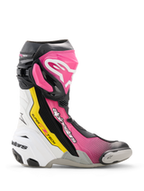 Alpinestars Supertech R, botas de moto para carreras, rosa, blanco, amarillo y negro, diseño deportivo con protector de deslizamiento en la puntera, suela blanca, construcción de alta protección con textura perforada para ventilación