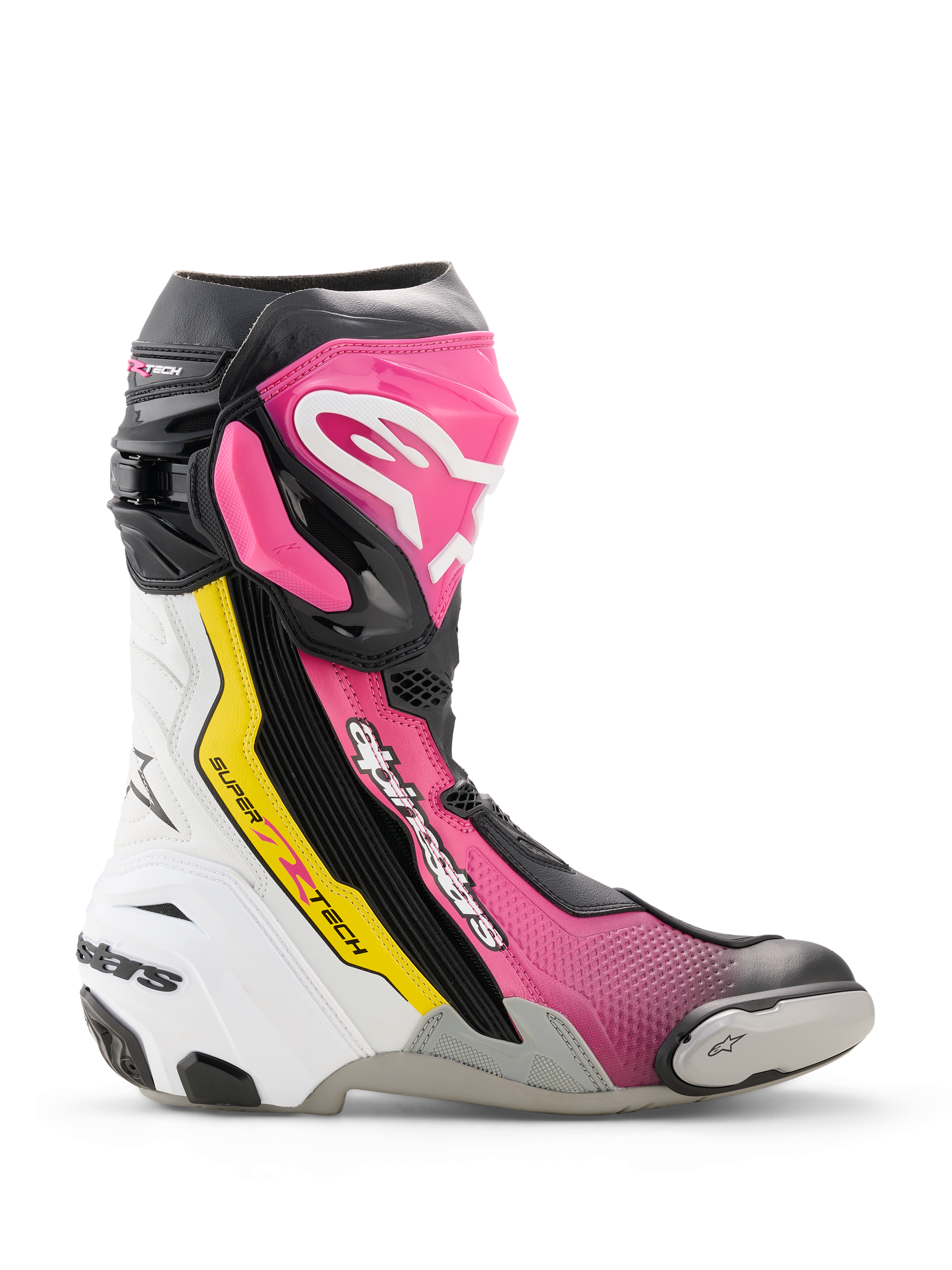 Alpinestars Supertech R, botas de moto para carreras, rosa, blanco, amarillo y negro, diseño deportivo con protector de deslizamiento en la puntera, suela blanca, construcción de alta protección con textura perforada para ventilación