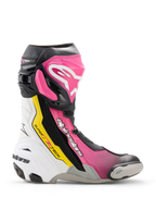 Alpinestars Supertech R Boots, high-performance racing motorcycle boot in Black, Magenta, White, and Yellow Fluo, side profile featuring TPU protection, replaceable toe slider, and ergonomic racing design.