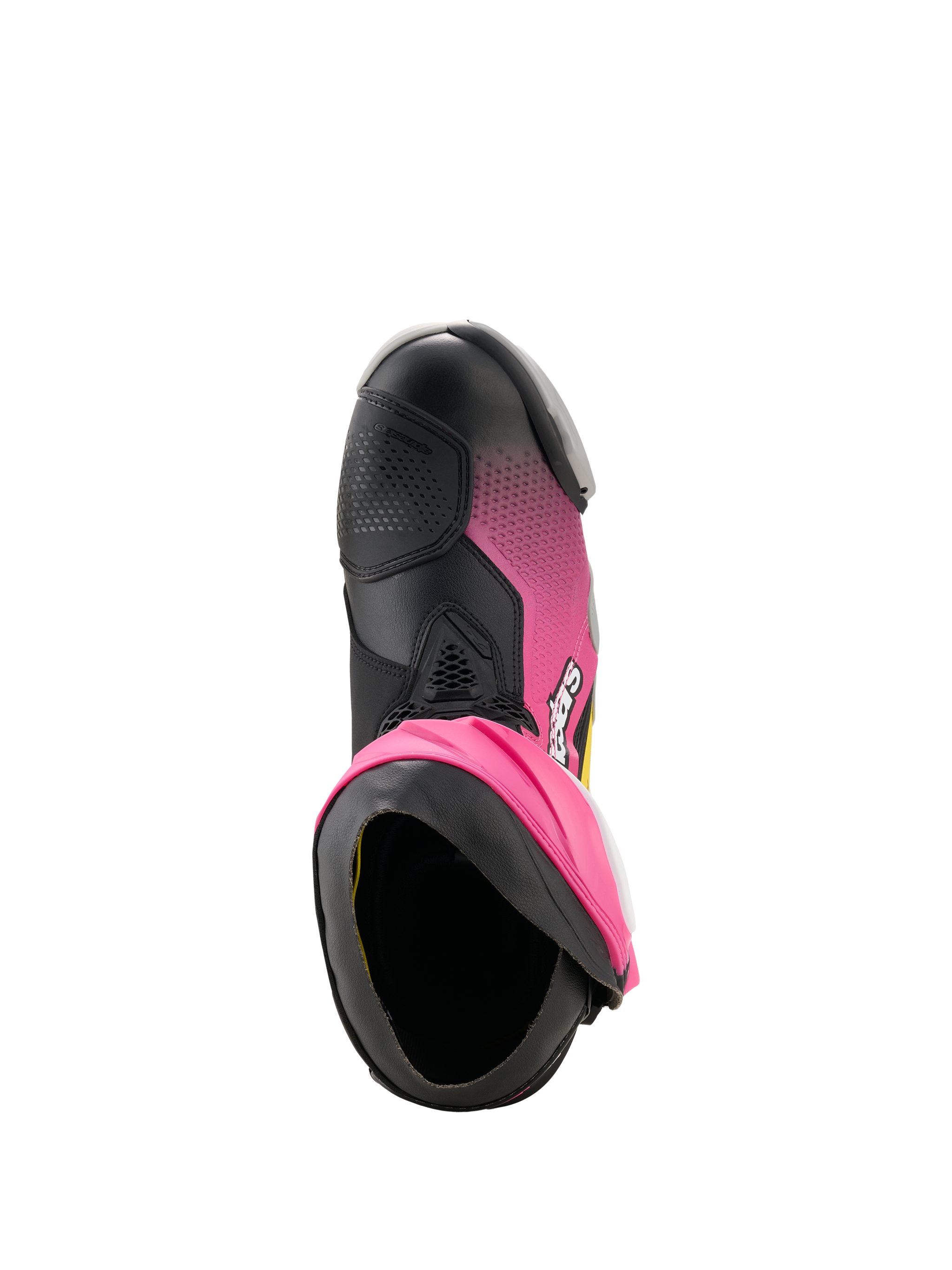 Alpinestars Supertech R Boots, Racing Boots, Black Magenta White and Yellow Fluo, top-down view showing the boot opening, TPU shin plate, and shifter area, professional performance motorcycle footwear
