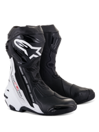 Alpinestars Supertech R Vented Boots, Motorcycle Racing Boots, Black and White, featuring extensive perforations for ventilation, bold white branding on the shin, TPU protectors, and sleek aerodynamic design for track performance.