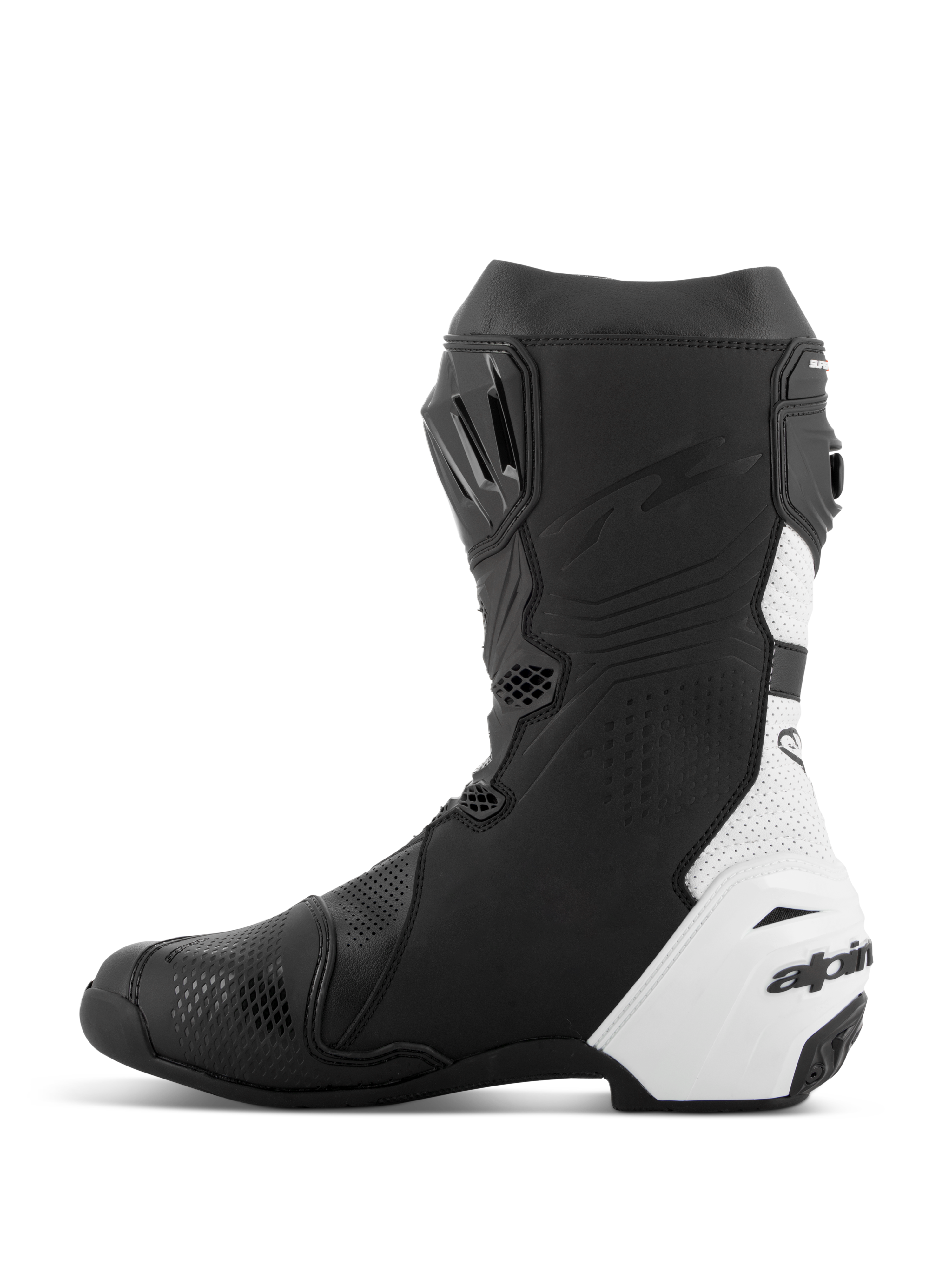Alpinestars Supertech R Vented Boots, Racing Motorcycle Boots, Black and White, medial side view, extensive perforations for airflow, white synthetic microfiber panels, TPU reinforcements, and sleek aerodynamic profile for track racing.