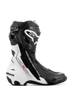 Alpinestars Supertech R Vented Boots, Motorcycle Racing Boots, Black and White with Red Accents, side profile featuring extensive perforations for breathability, large white logo on the shin, and protective TPU sliders.