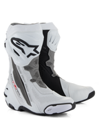 Botas Alpinestars Supertech R Vented, botas de moto de competición, blanco, gris medio y negro, con construcción de microfibra perforada para el flujo de aire, espinillera de TPU con el logotipo de Alpinestars y deslizaderas reemplazables, diseño profesional para circuito