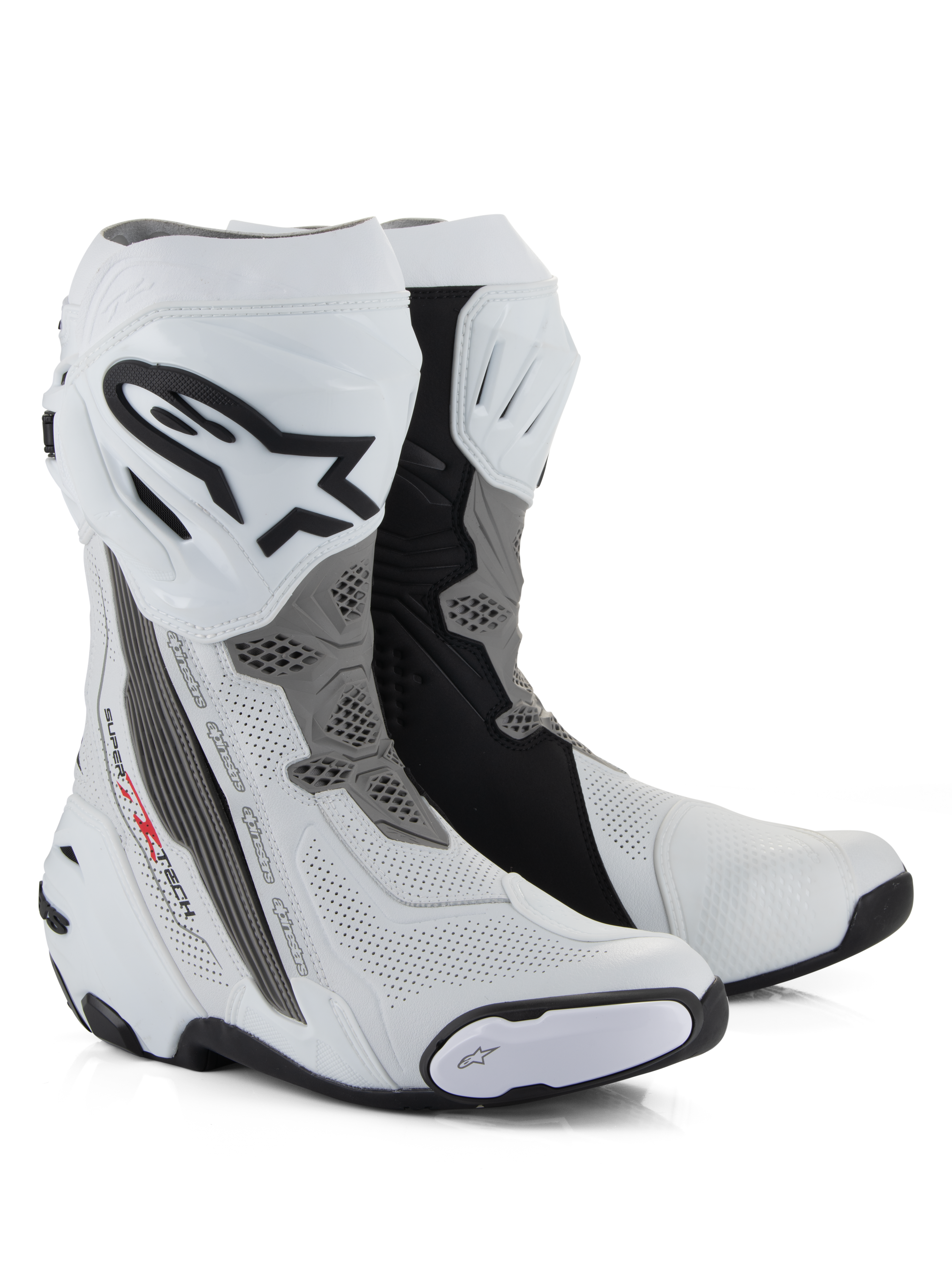 Botas Alpinestars Supertech R Vented, botas de moto de competición, blanco, gris medio y negro, con construcción de microfibra perforada para el flujo de aire, espinillera de TPU con el logotipo de Alpinestars y deslizaderas reemplazables, diseño profesional para circuito