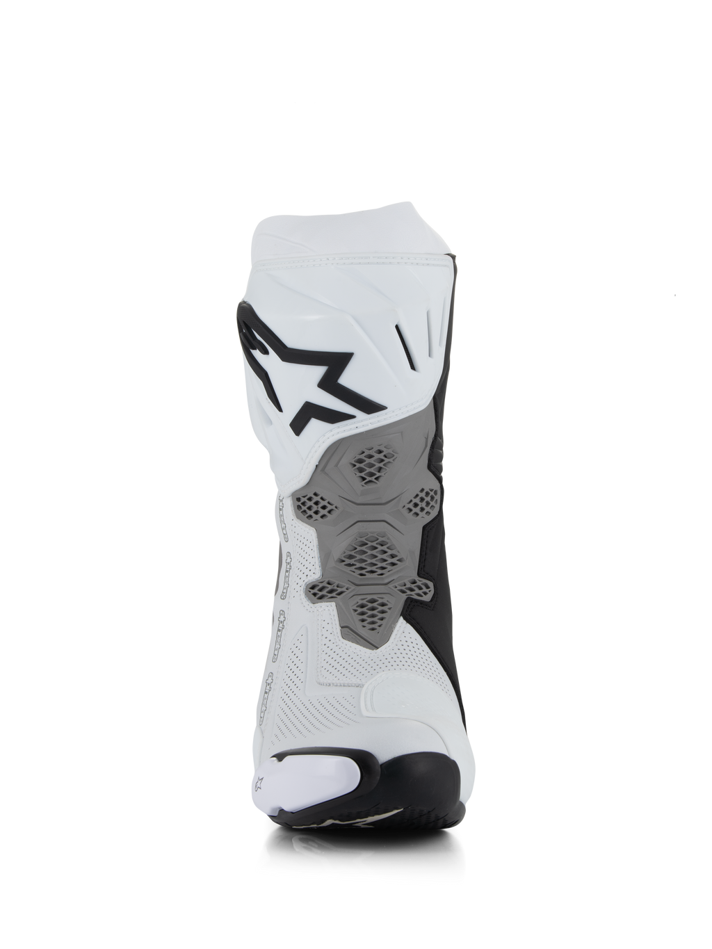 Botas Alpinestars Supertech R Vented, blanco, gris medio y negro, vista trasera que muestra la construcción de microfibra perforada, placa de talón gris rediseñada con textura de panal, logotipo negro en la parte superior de la pantorrilla, calzado profesional de motociclismo para competición y deporte