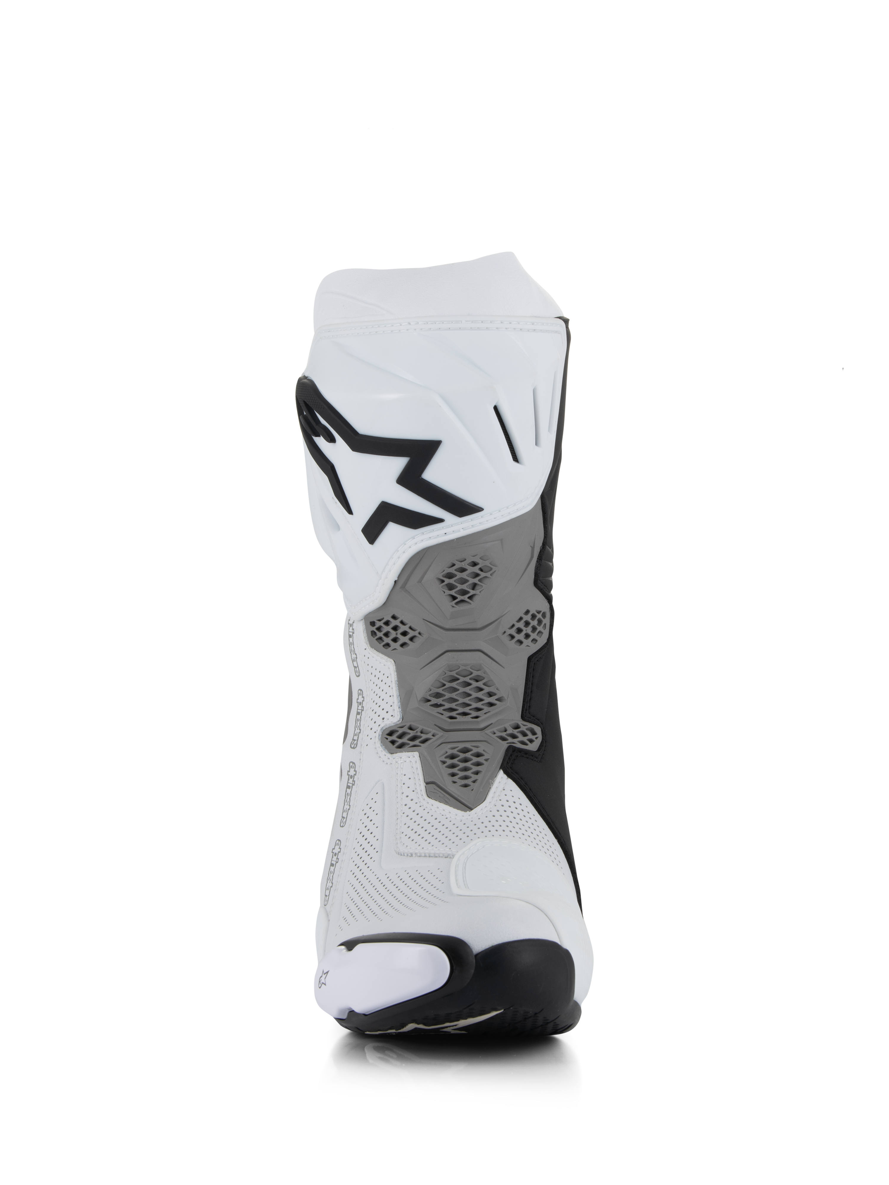 Botas Alpinestars Supertech R Vented, blanco, gris medio y negro, vista trasera que muestra la construcción de microfibra perforada, placa de talón gris rediseñada con textura de panal, logotipo negro en la parte superior de la pantorrilla, calzado profesional de motociclismo para competición y deporte