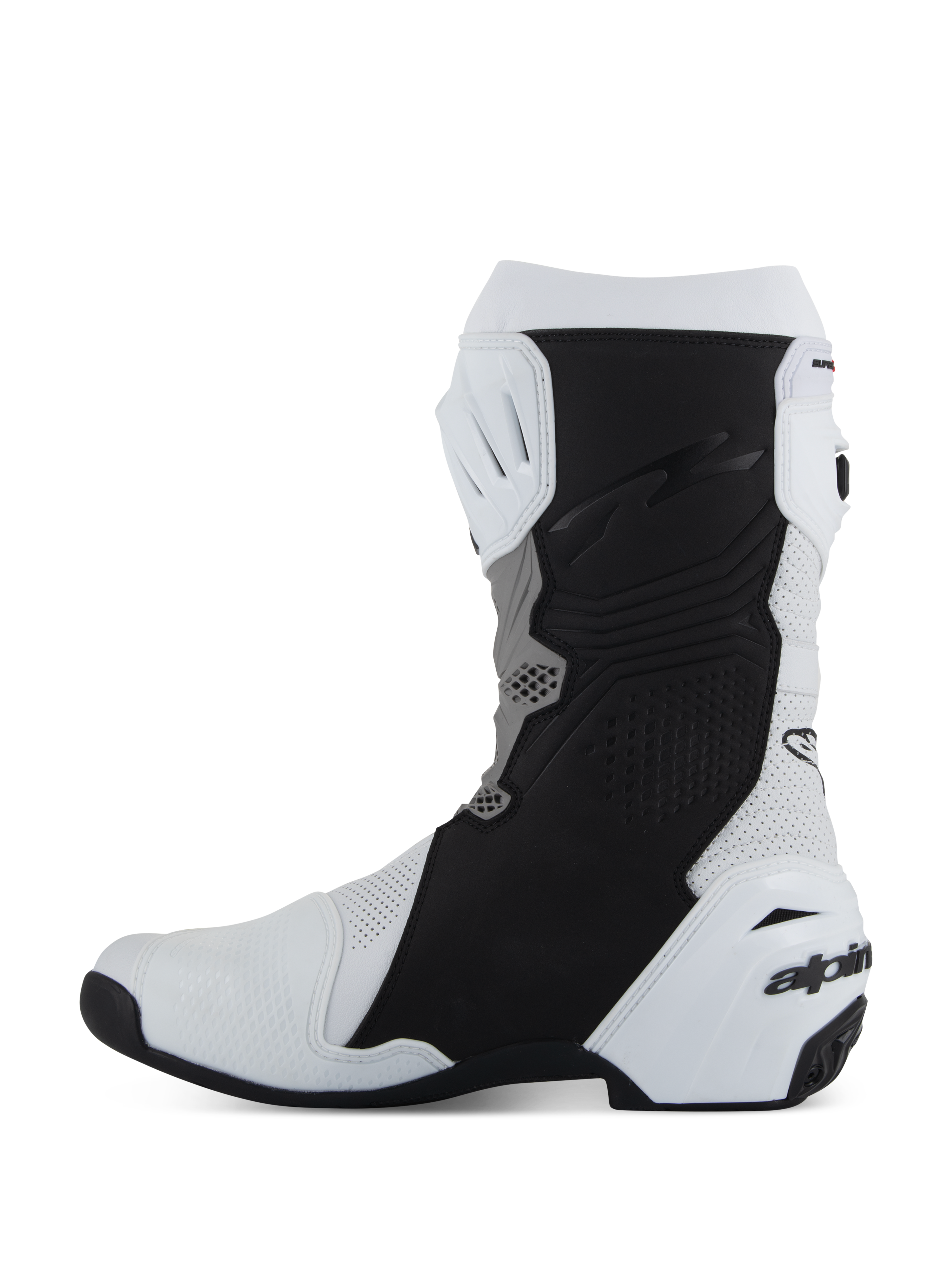 Botas Alpinestars Supertech R Vented, calzado de moto de competición/deportivo, blanco, gris medio y negro, vista de perfil del lado medial con microfibra perforada para el flujo de aire, paneles de agarre protectores negros y contrafuerte del talón de TPU blanco con el logotipo de la marca.
