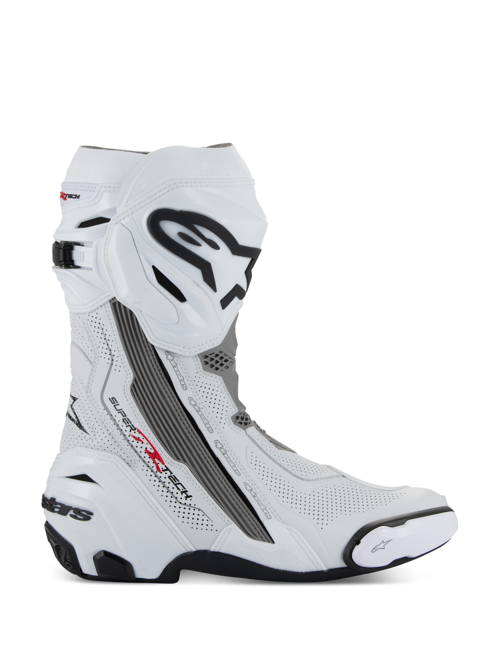 Alpinestars Supertech R Vented, botas de motociclismo para carreras, blancas con detalles en gris medio y negro, vista de perfil lateral con paneles de microfibra perforados para ventilación, logotipo grande de Alpinestars en la espinilla, diseño aerodinámico con deslizadores reemplazables y suela de goma negra