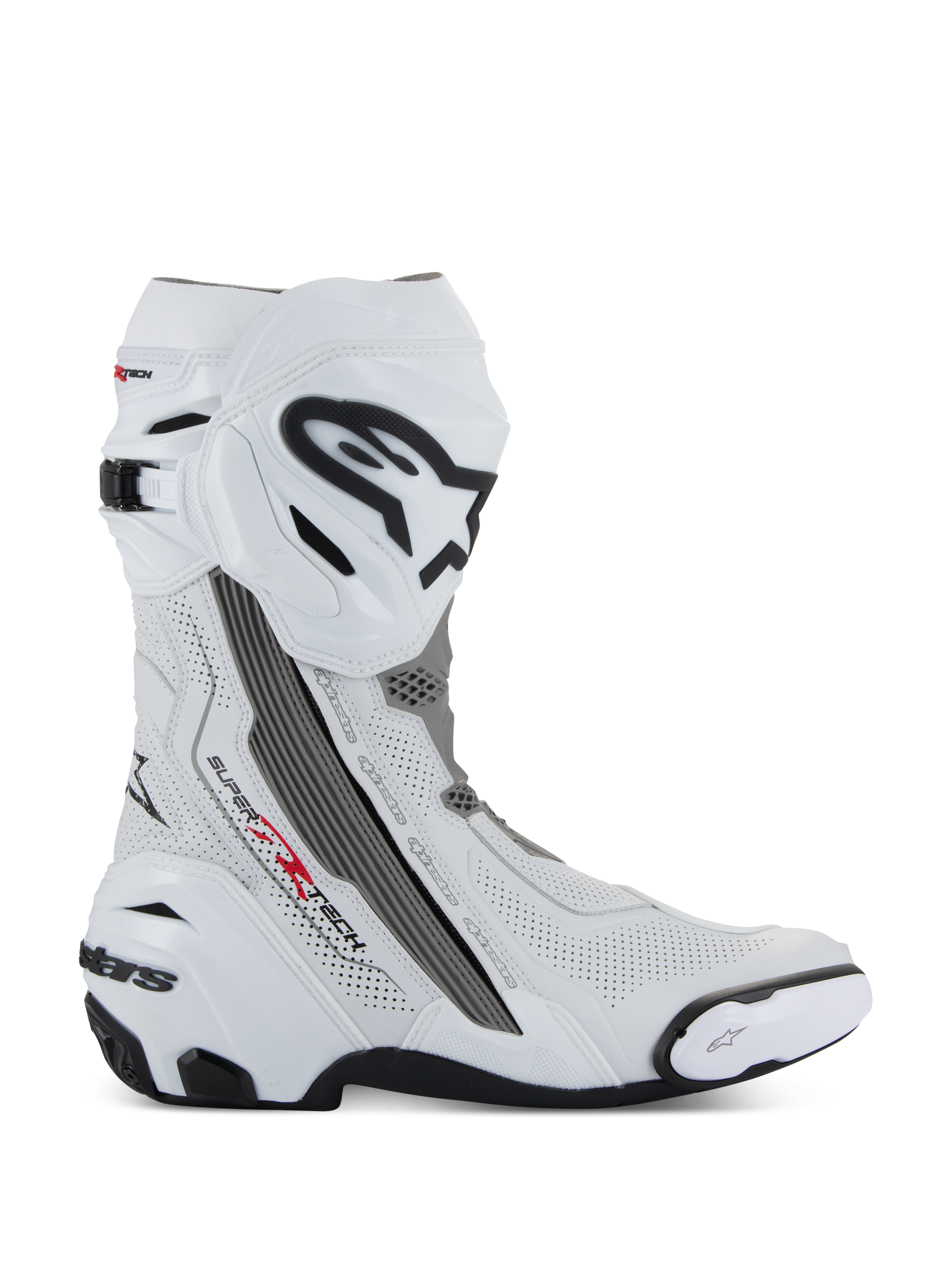 Alpinestars Supertech R Vented, botas de motociclismo para carreras, blancas con detalles en gris medio y negro, vista de perfil lateral con paneles de microfibra perforados para ventilación, logotipo grande de Alpinestars en la espinilla, diseño aerodinámico con deslizadores reemplazables y suela de goma negra