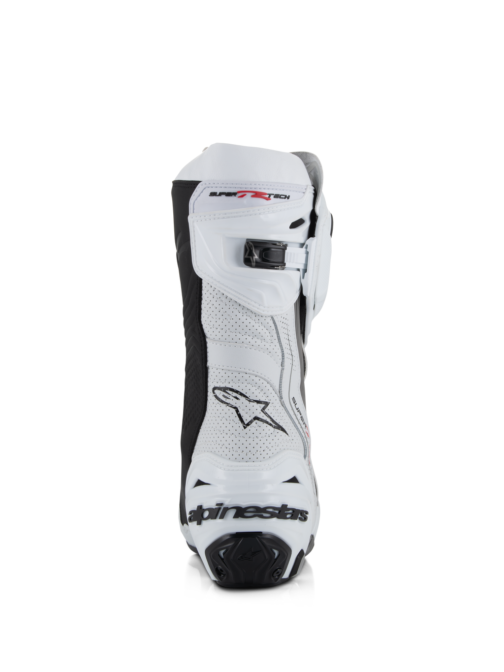 Botas Alpinestars Supertech R Vented, blanco, gris medio y negro, vista trasera con parte superior de microfibra perforada, cierre de trinquete microajustable en la parte superior y protección de talón integrada con el logotipo de Alpinestars.