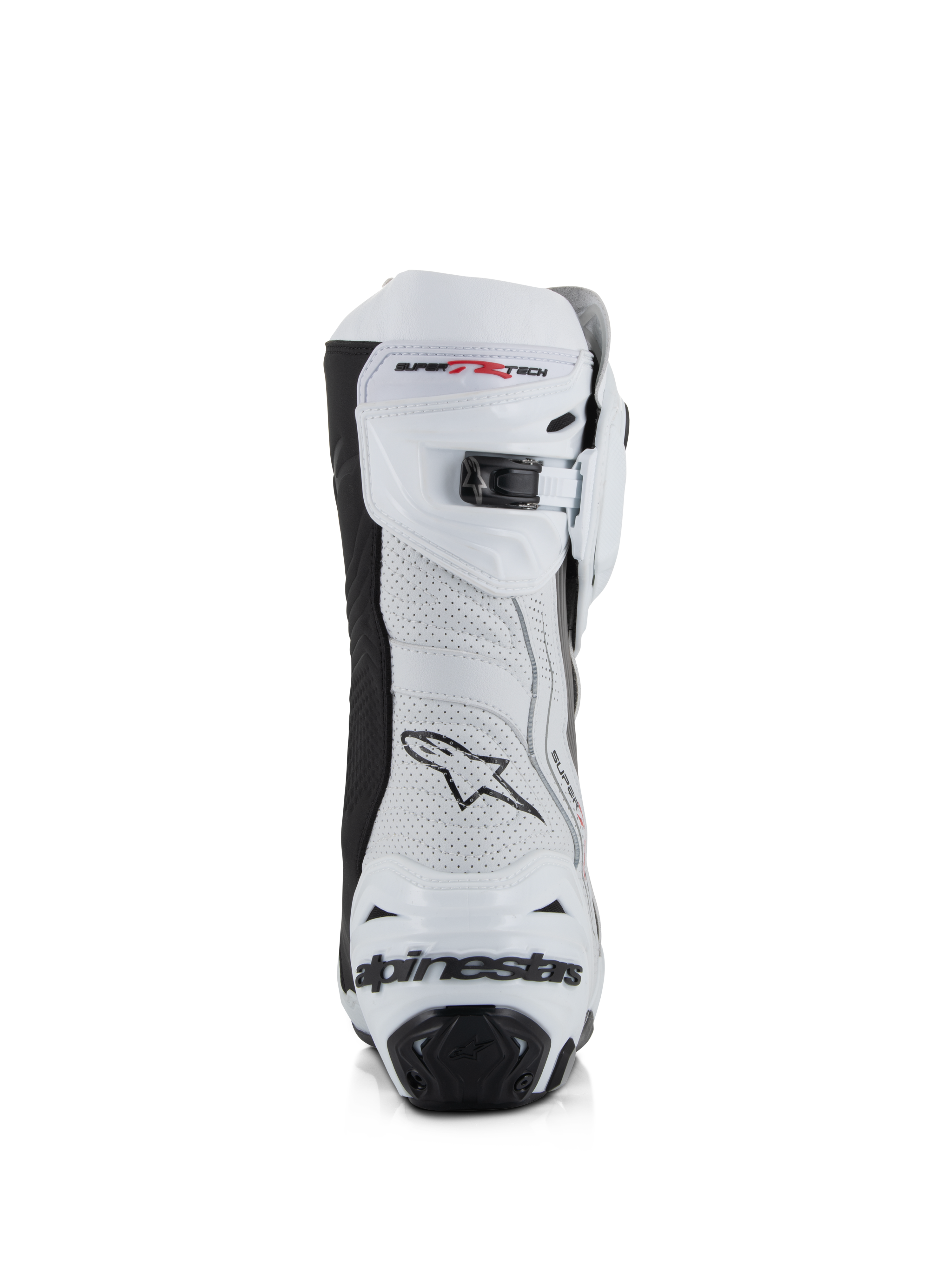 Botas Alpinestars Supertech R Vented, blanco, gris medio y negro, vista trasera con parte superior de microfibra perforada, cierre de trinquete microajustable en la parte superior y protección de talón integrada con el logotipo de Alpinestars.