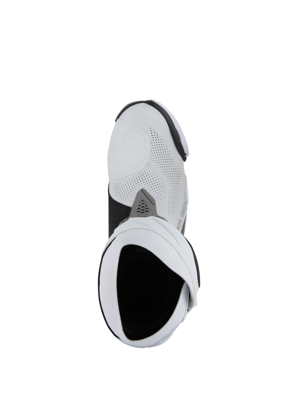 Botas Alpinestars Supertech R Ventiladas, botas de competición para moto, blanco, gris medio y negro, vista cenital desde arriba hacia el interior de la apertura de la bota, con construcción de microfibra perforada y un diseño de carreras estilizado
