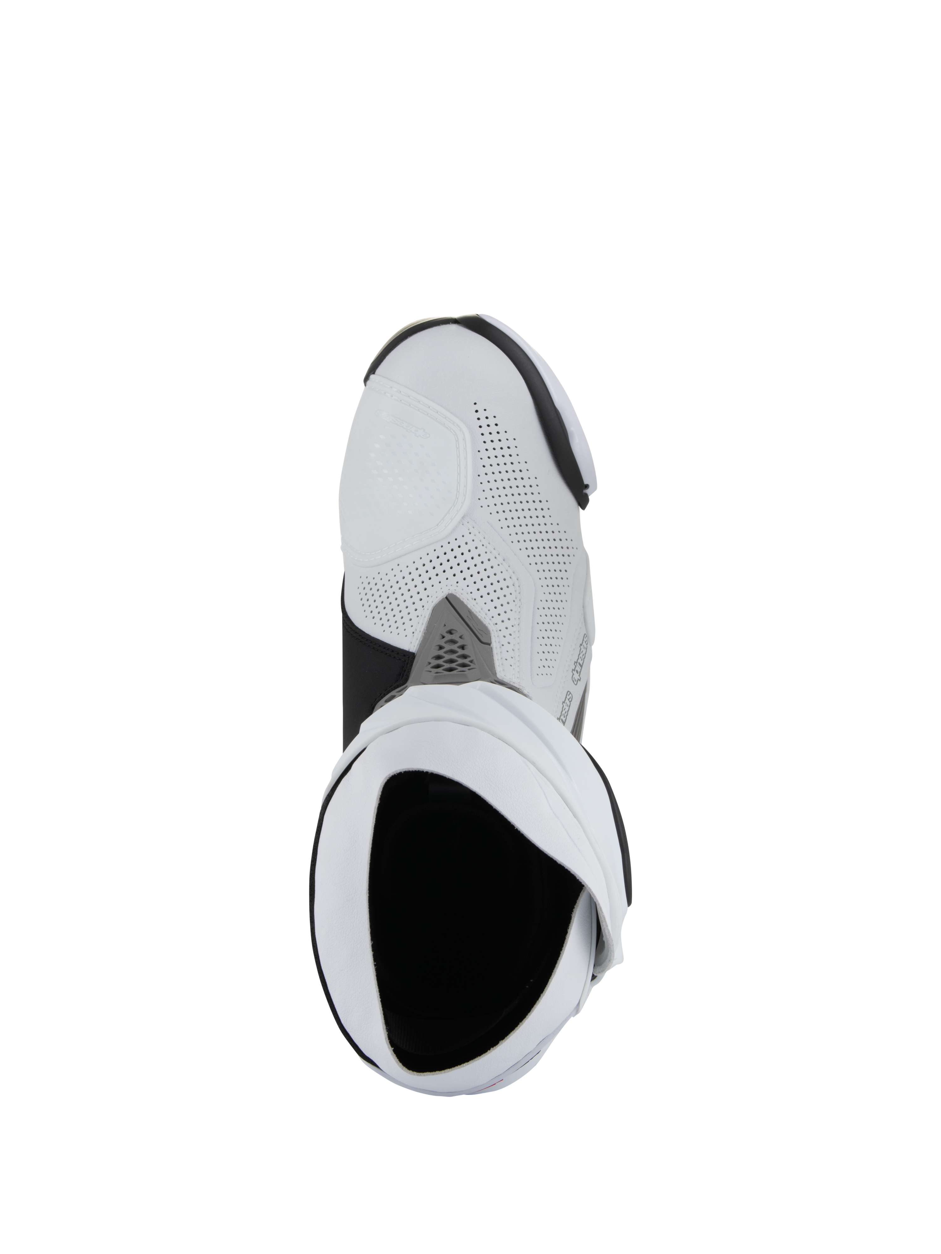 Botas Alpinestars Supertech R Ventiladas, botas de competición para moto, blanco, gris medio y negro, vista cenital desde arriba hacia el interior de la apertura de la bota, con construcción de microfibra perforada y un diseño de carreras estilizado