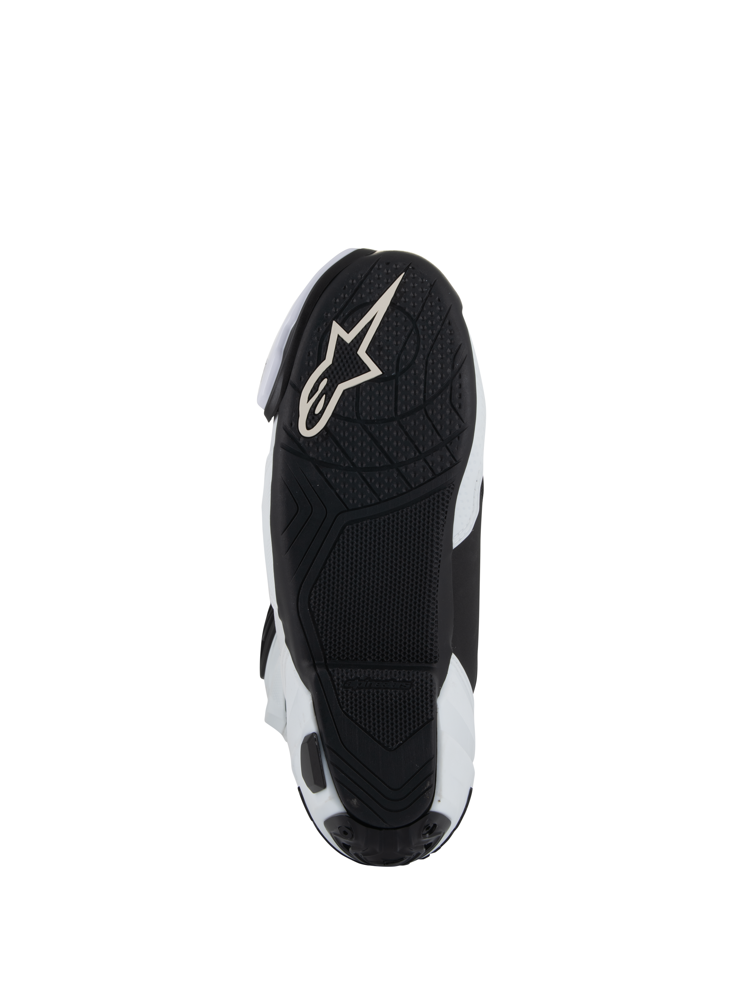 Suela de las botas Alpinestars Supertech R Vented, suela de goma ligera negra con dibujo texturizado para mayor agarre en los estribos, con el logotipo Alpinestars Astar en blanco, combinación de colores blanco y negro