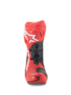 Alpinestars Supertech R Vented Boots, Front view, Bright Red and Red Fluo with black accents, featuring white Alpinestars logo on the shin, perforated microfiber construction for airflow, and protective TPU panels for racing