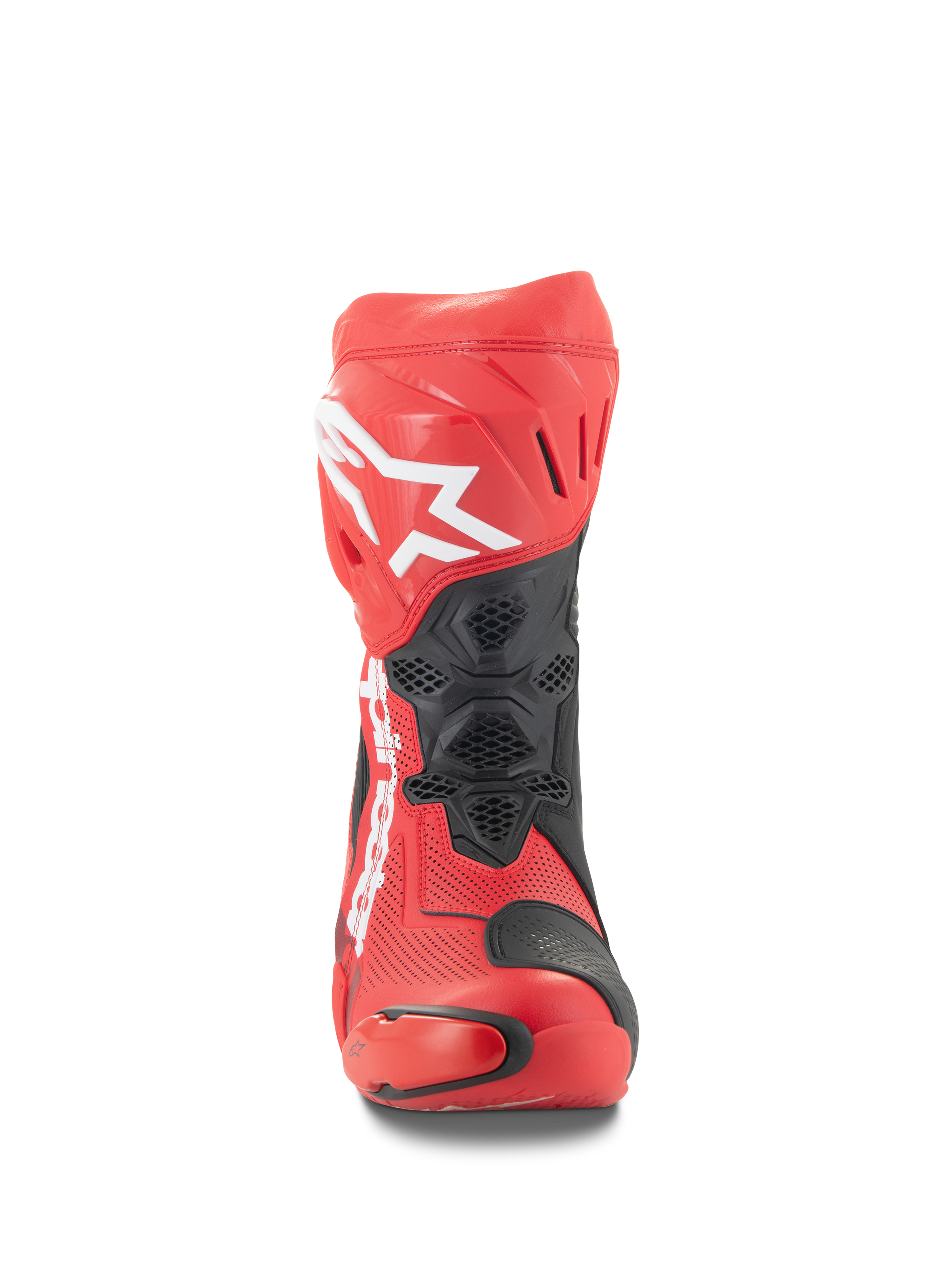 Alpinestars Supertech R Vented Boots, Front view, Bright Red and Red Fluo with black accents, featuring white Alpinestars logo on the shin, perforated microfiber construction for airflow, and protective TPU panels for racing