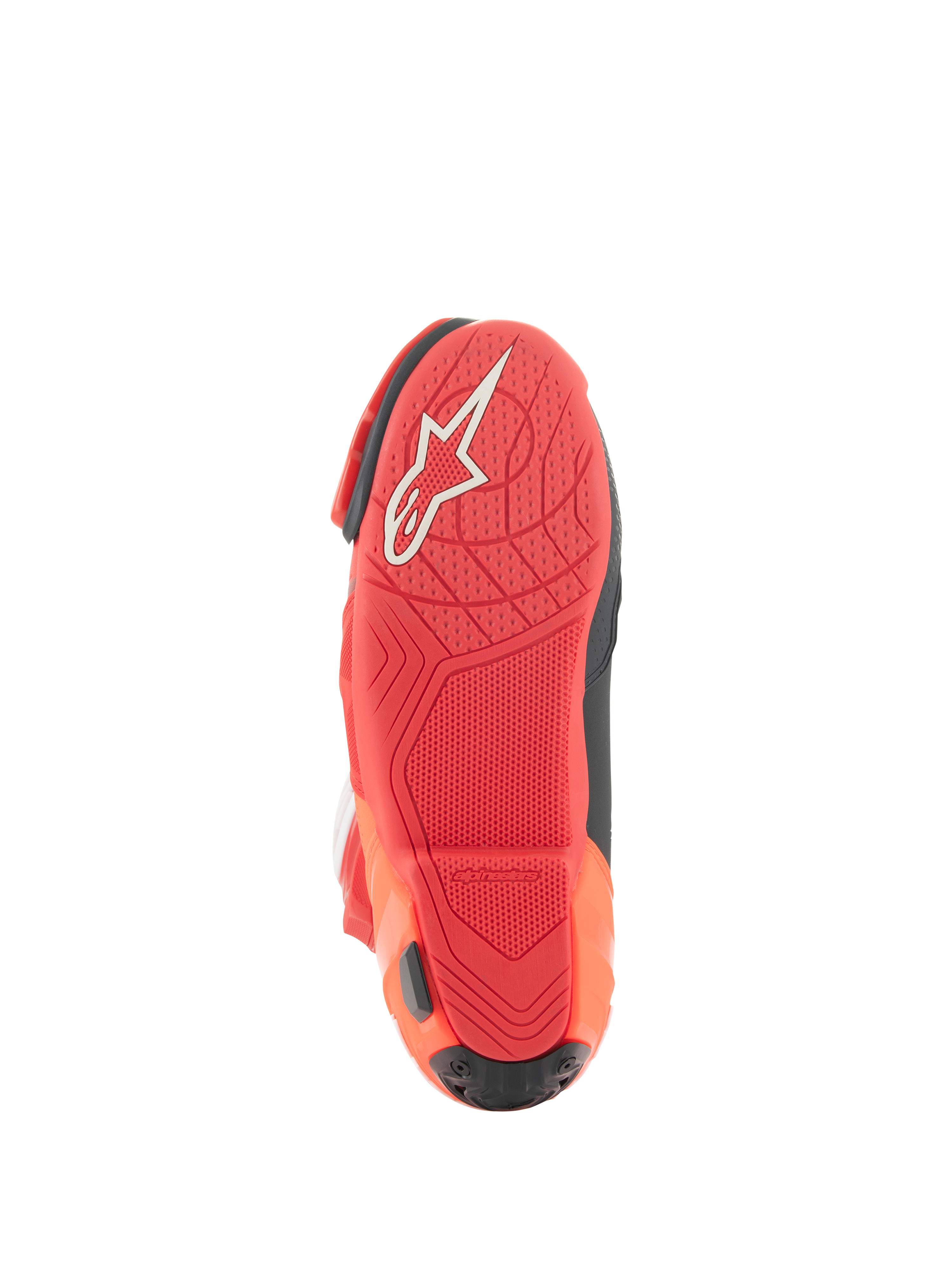 Alpinestars Supertech R Vented Boots, Racing Boots, Bright Red and Red Fluo, Sole view featuring lightweight rubber compound, white Alpinestars logo, and textured grip pattern for motorcycle pegs.