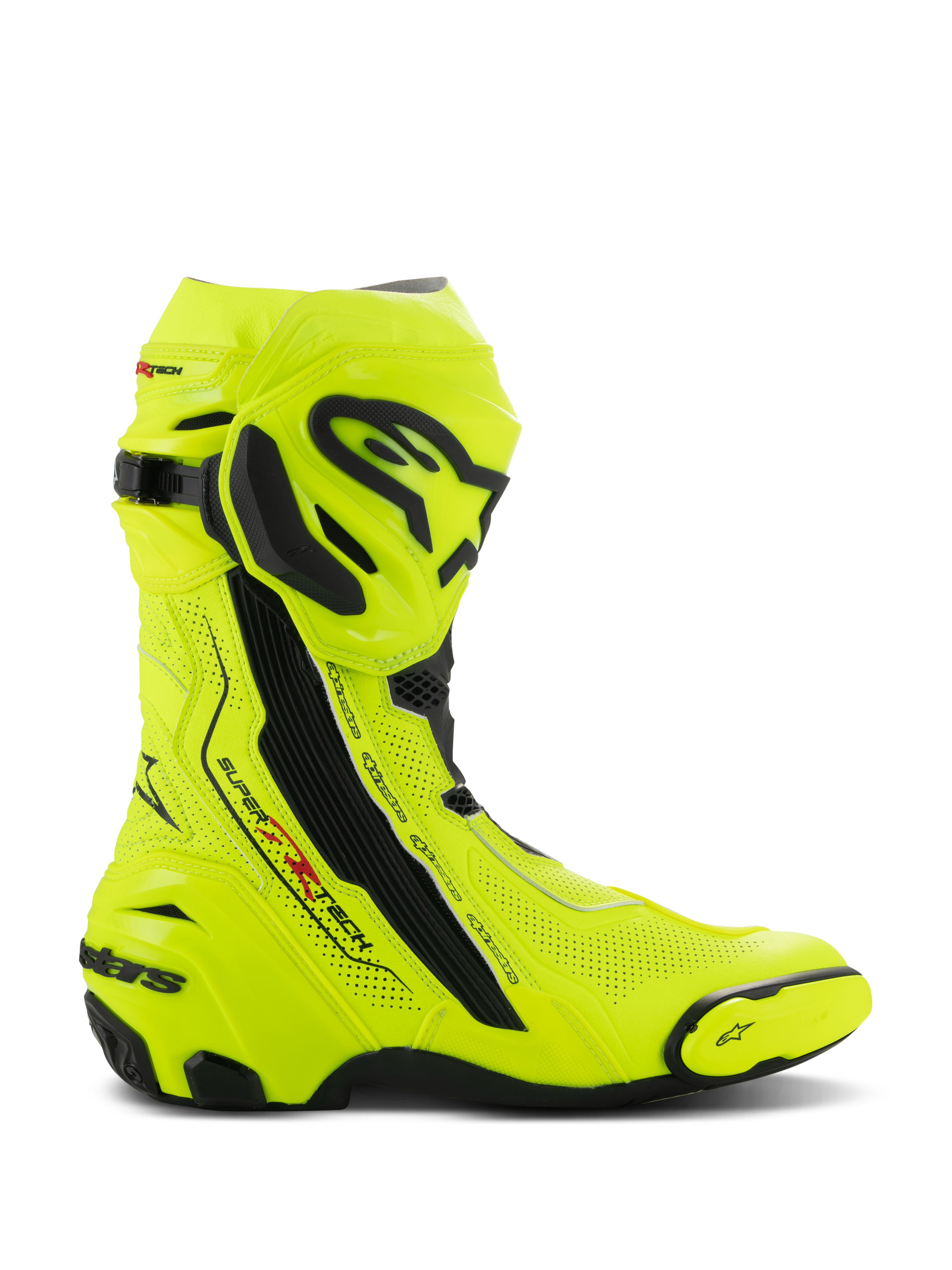 Botas Alpinestars Supertech R Vented, botas de motociclismo para competición, amarillo flúor y negro, parte superior de microfibra perforada con láser para ventilación, espinillera de TPU y deslizador de puntera reemplazable, diseño aerodinámico con logotipos distintivos