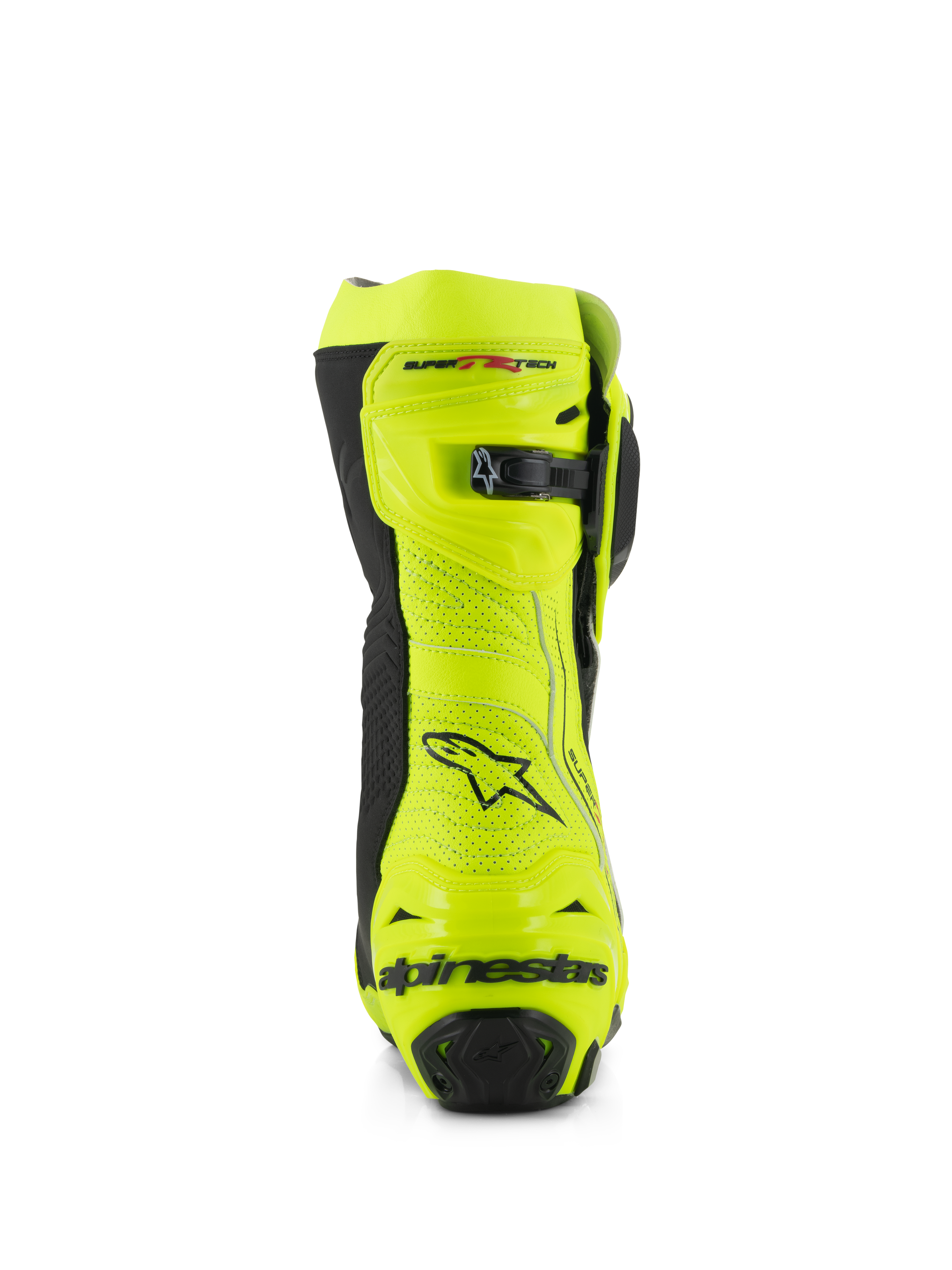 Alpinestars Supertech R Vented Boots, Rear view, Yellow Fluo and Black, featuring perforated microfiber construction, micro-adjustable ratchet closure at the top, and black Alpinestars branding on the heel, professional racing footwear