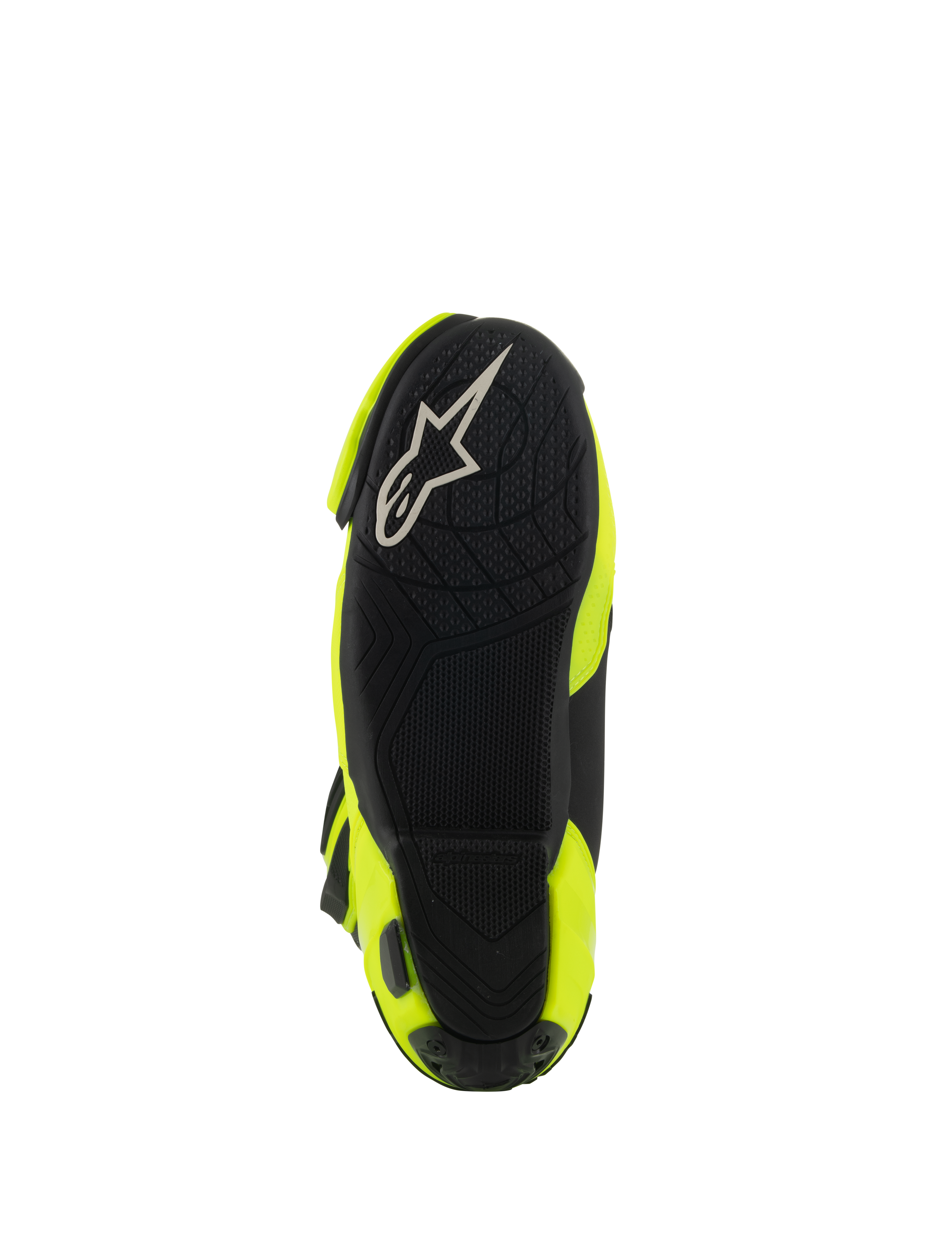 Alpinestars Supertech R Vented Boots, bottom view showing the black rubber sole, textured grip pattern for footpegs, white A-star logo, Yellow Fluo and Black racing motorcycle boot
