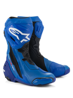 Alpinestars Supertech R Vented Boots, Motorcycle Racing Boots, Blue and Black, featuring perforated microfiber for airflow, white Alpinestars logo on the shin, protective TPU plates and sliders, professional track-ready design