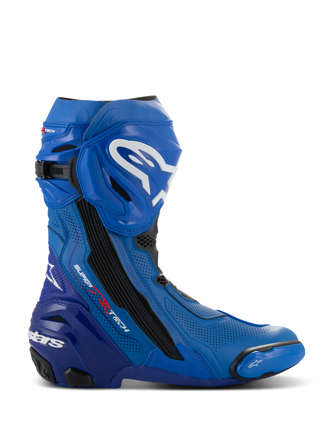 Alpinestars Supertech R Vented Boots, botas de moto para carreras en azul y negro, vista de perfil lateral con logotipos blancos, amplias zonas de ventilación perforadas, talón reforzado y deslizador de puntera reemplazable.