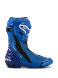 Alpinestars Supertech R Vented Boots, Blue and Black Motorcycle Racing Boots, side profile view featuring white logos, extensive perforated ventilation zones, reinforced heel, and replaceable toe slider.