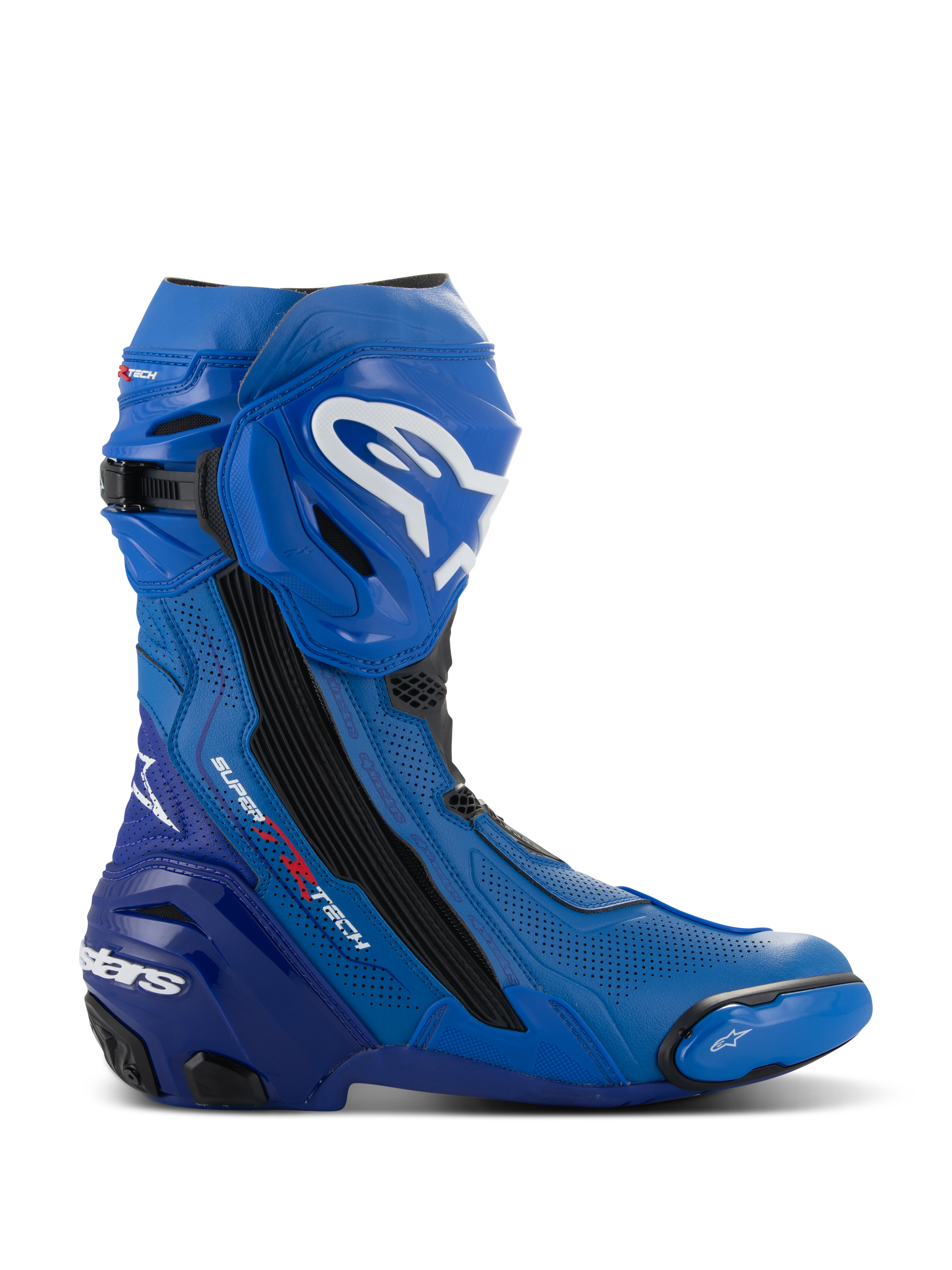 Alpinestars Supertech R Vented Boots, botas de moto para carreras en azul y negro, vista de perfil lateral con logotipos blancos, amplias zonas de ventilación perforadas, talón reforzado y deslizador de puntera reemplazable.
