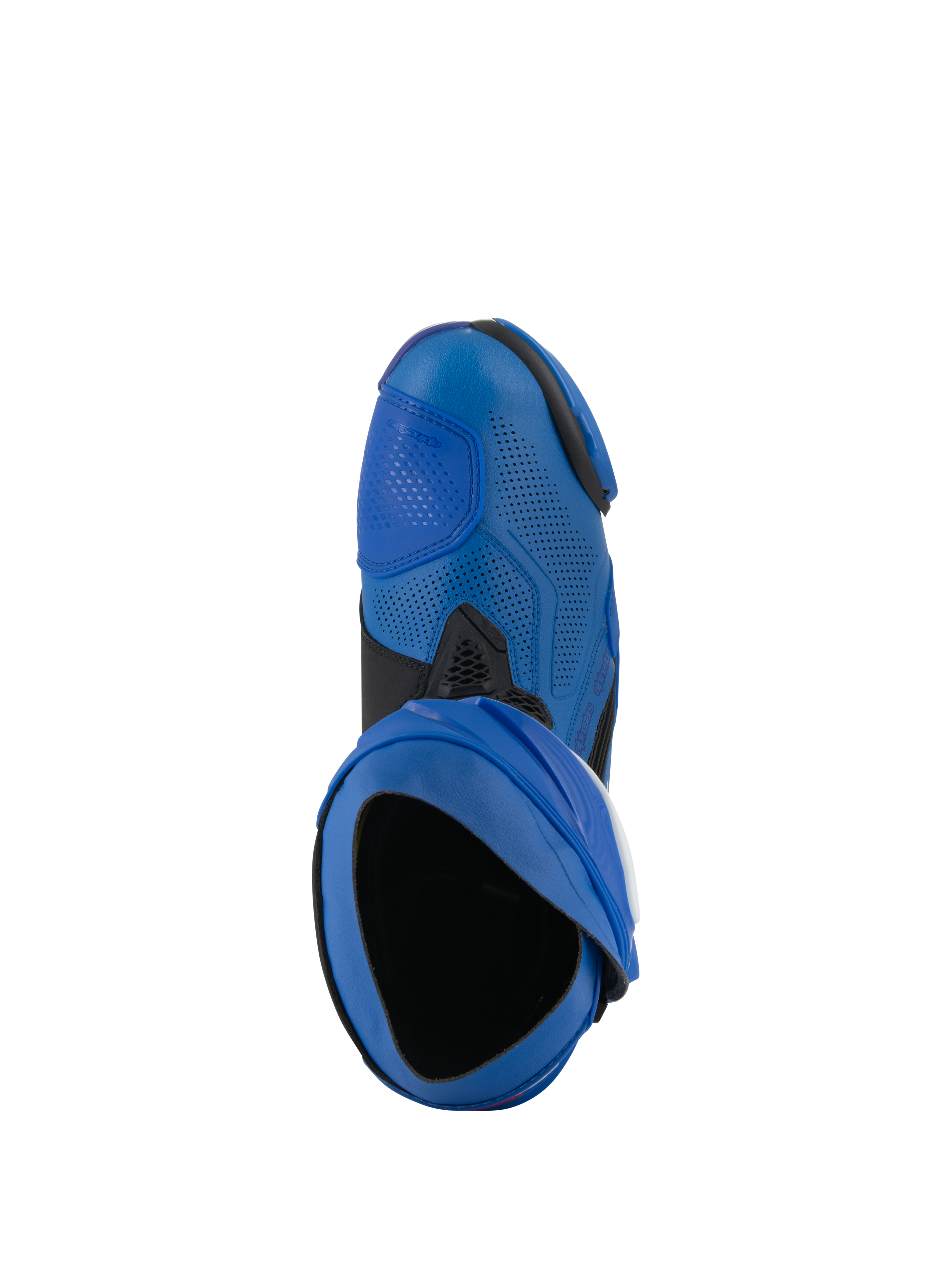 Alpinestars Supertech R Vented Boots, Racing Motorcycle Boots, Blue and Black, top-down view showing the entry and perforated microfiber upper, high-performance motorsport footwear with ventilated design