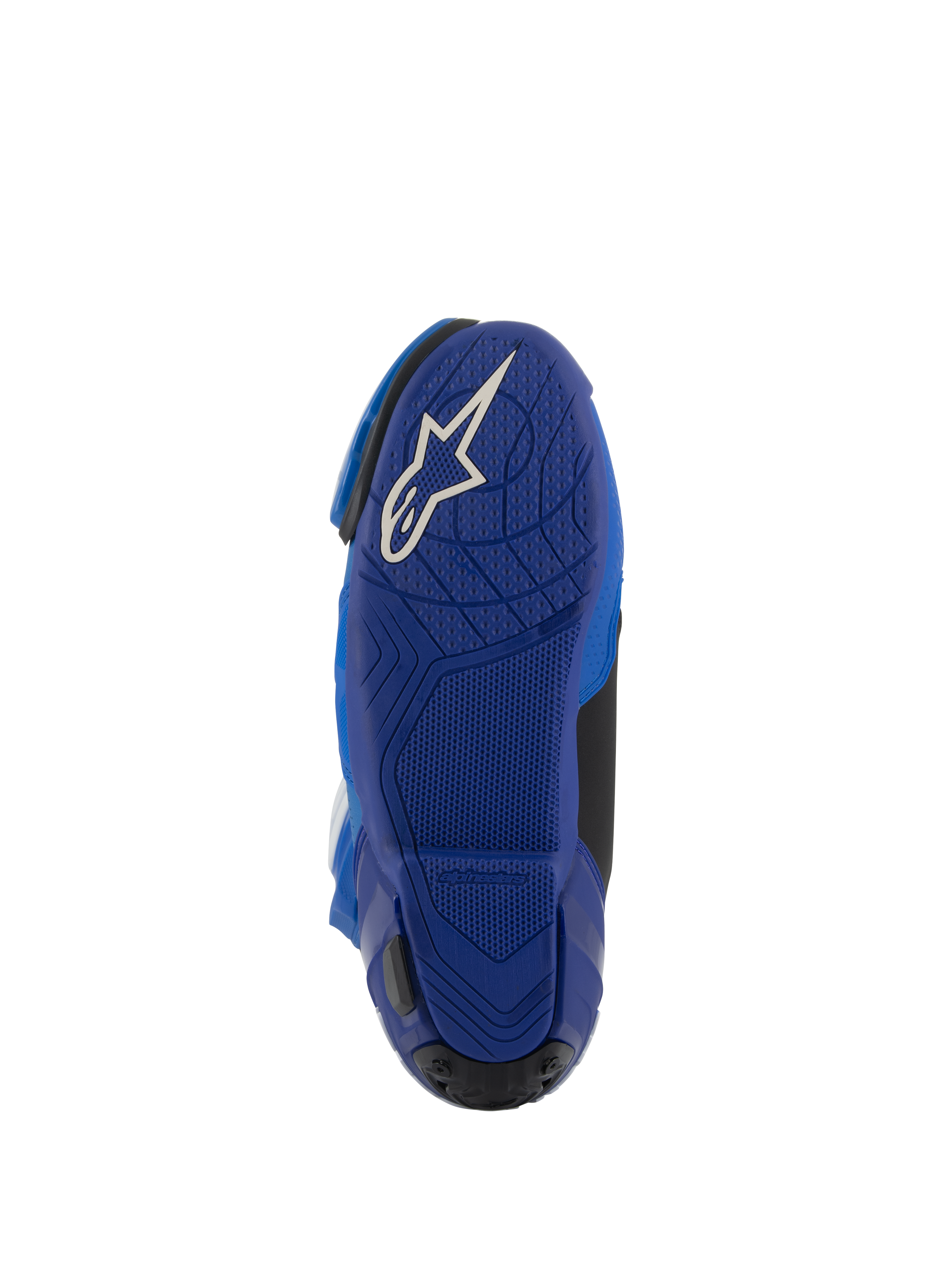 Alpinestars Supertech R Vented Boots, Blue and Black, Bottom view of the blue rubber sole with a white Astars logo, featuring textured grip patterns for footpeg control, high-performance motorcycle racing footwear.