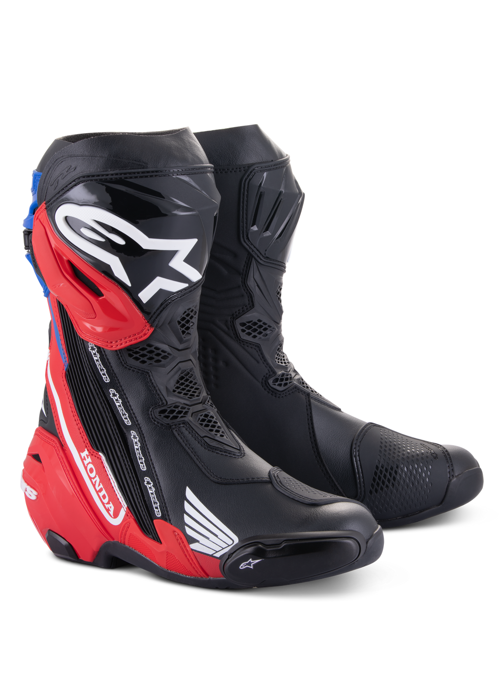 Botas Alpinestars Honda Supertech R, botas de carreras para moto, negro, rojo brillante y azul, con espinilleras de TPU, logotipos de Honda y diseño aerodinámico avanzado para un alto rendimiento en pista y carretera.