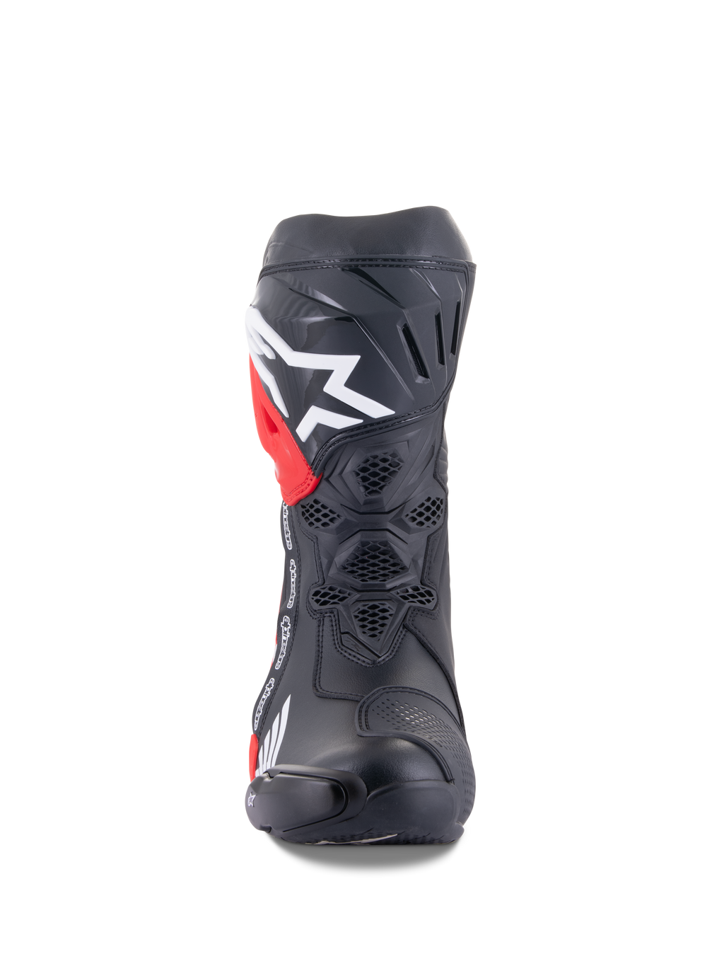 Botas Alpinestars Honda Supertech R, botas de carreras para moto, negras con detalles en rojo y blanco, vista frontal que muestra la ventilación de malla de nido de abeja, gran logotipo blanco en la espinilla y construcción de microfibra de alto rendimiento.